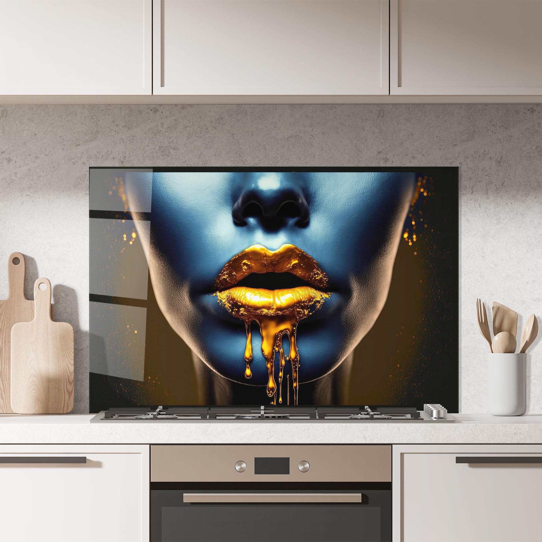 Стъклен панел за кухня Gold Liquid Blue mockup 7