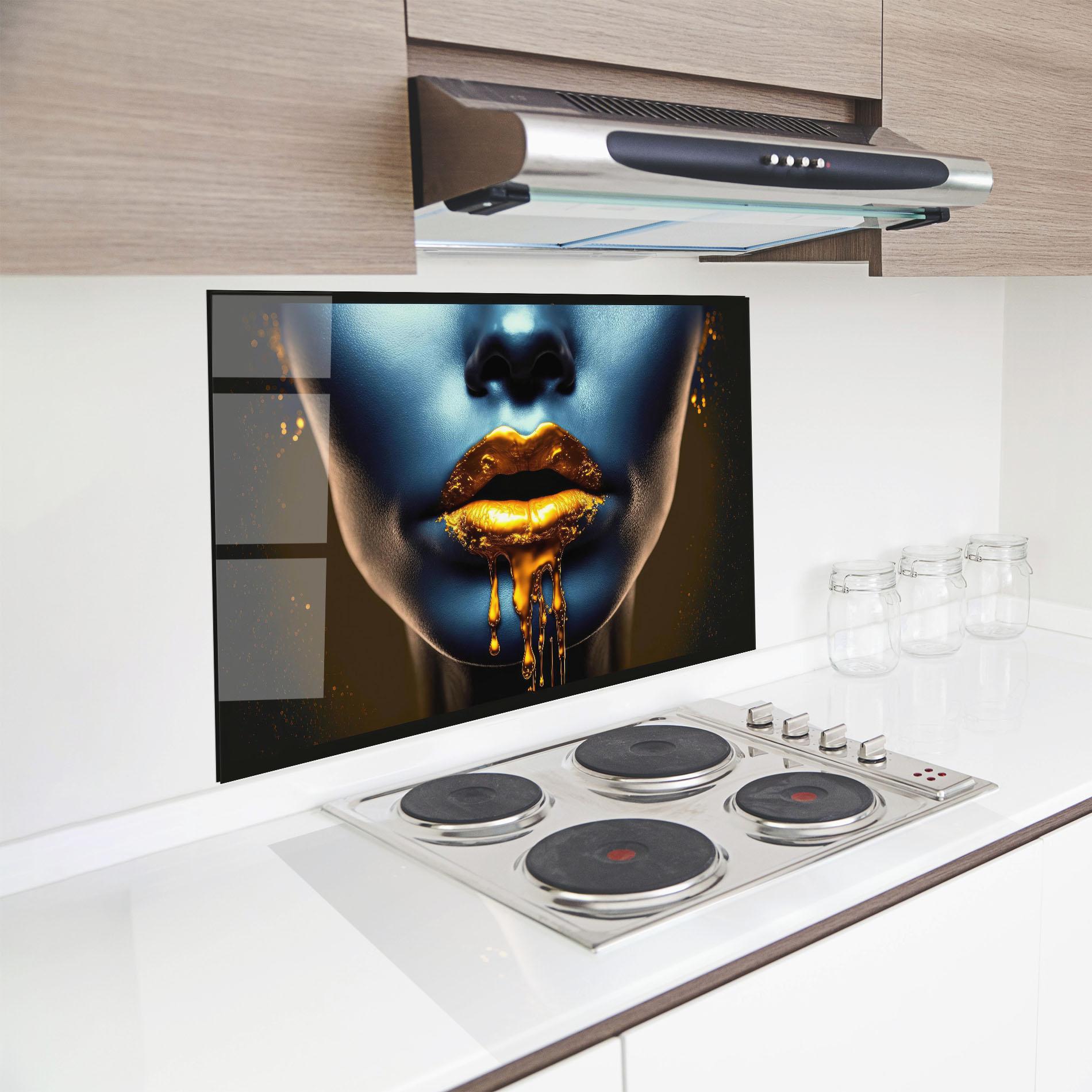 Стъклен панел за кухня Gold Liquid Blue mockup 8