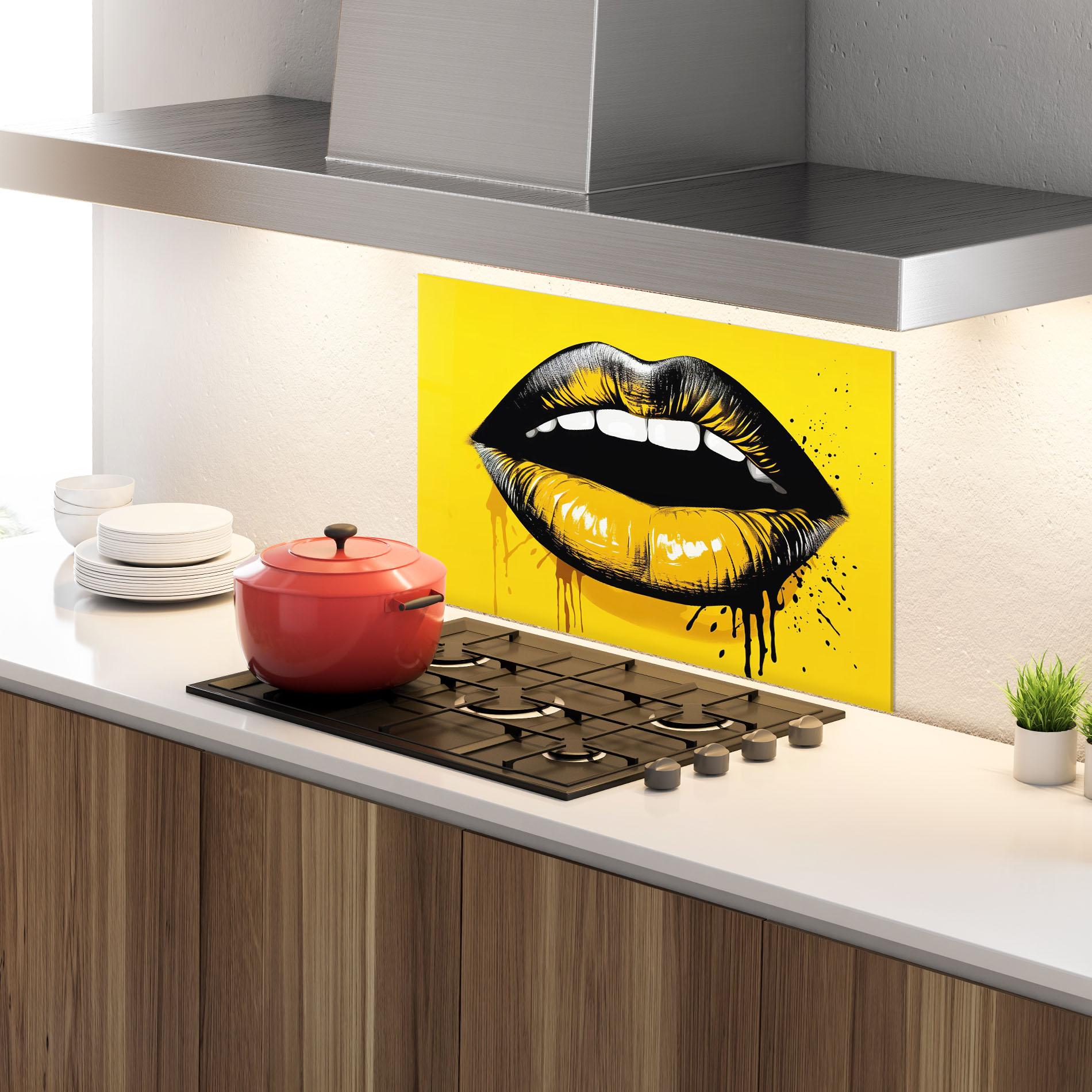 Стъклен панел за кухня Black Yellow Lips mockup 4