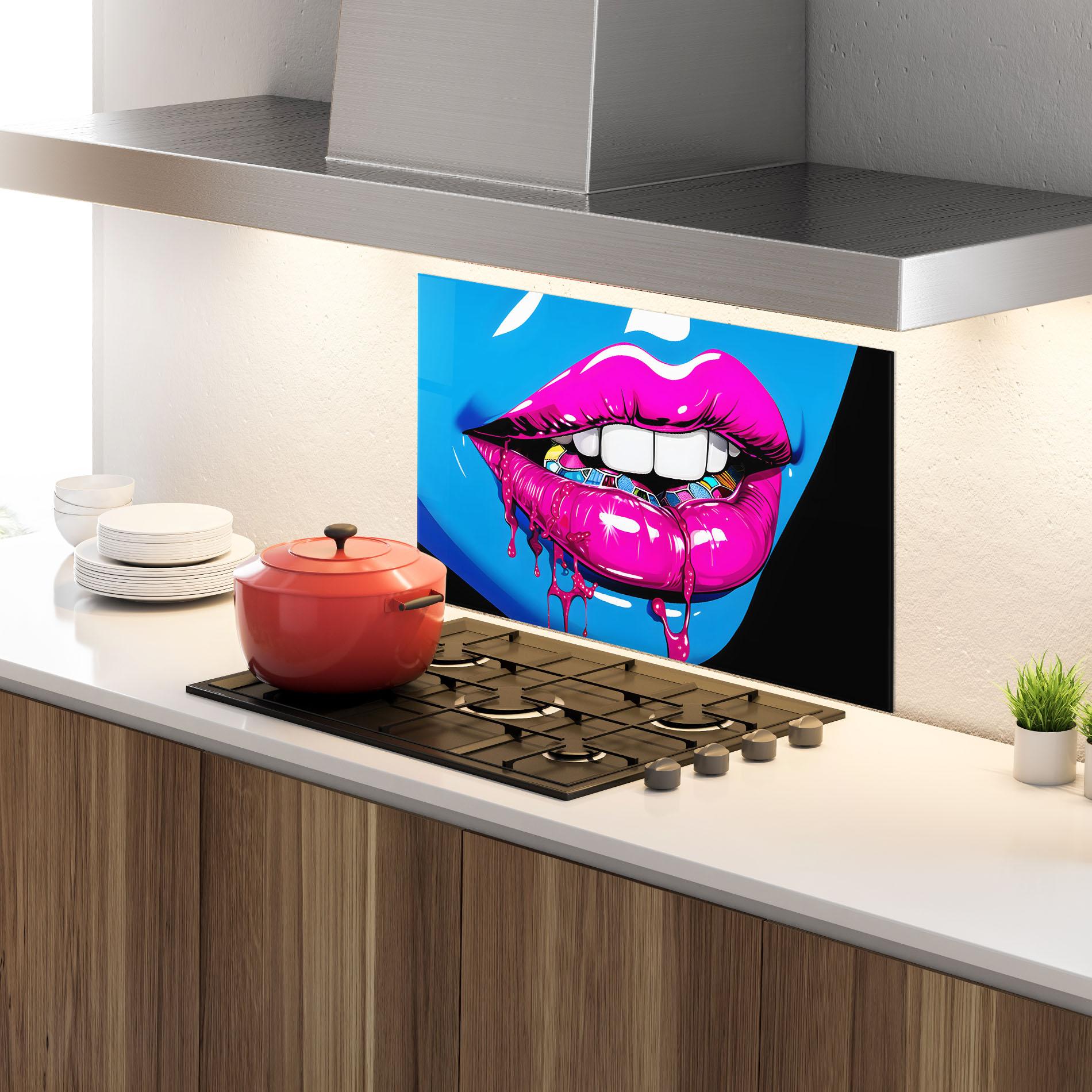 Стъклен панел за кухня Blue Pink Lips Art mockup 4