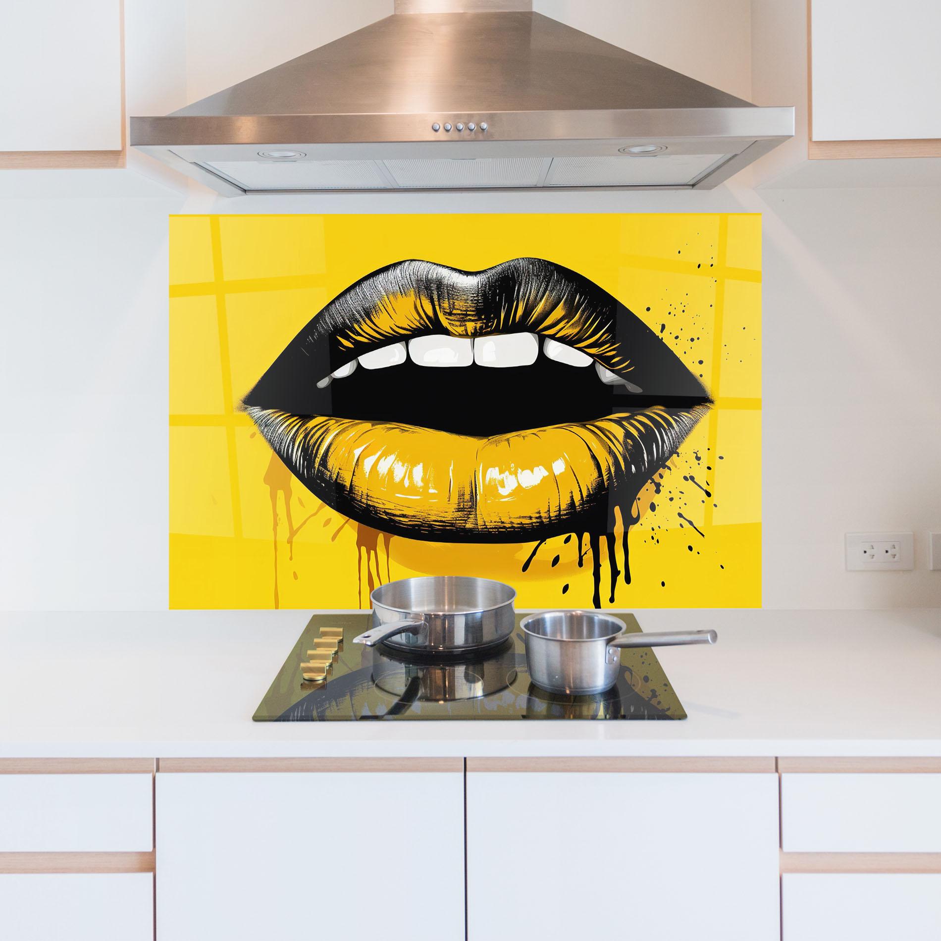 Стъклен панел за кухня Black Yellow Lips mockup 5