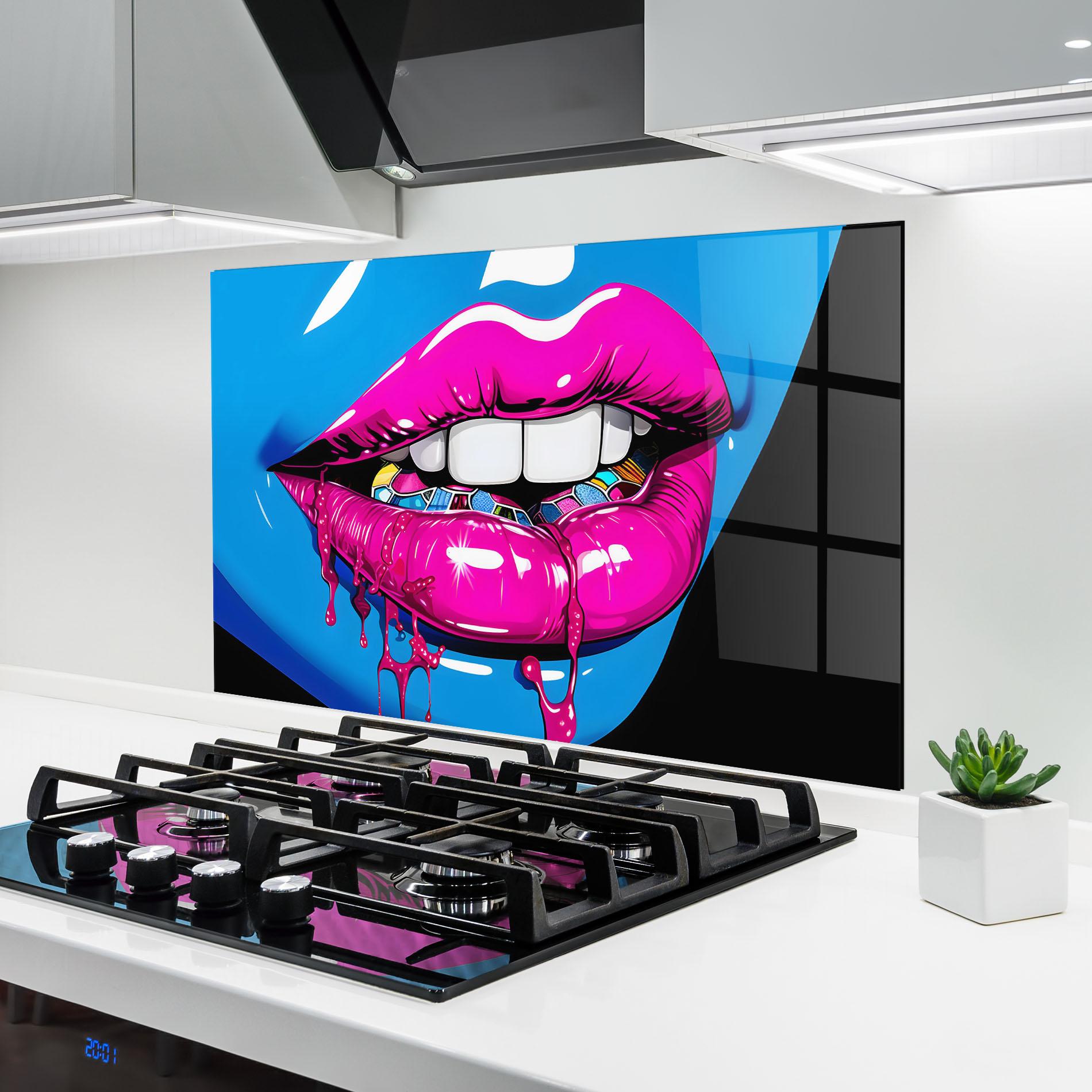 Стъклен панел за кухня Blue Pink Lips Art mockup 6