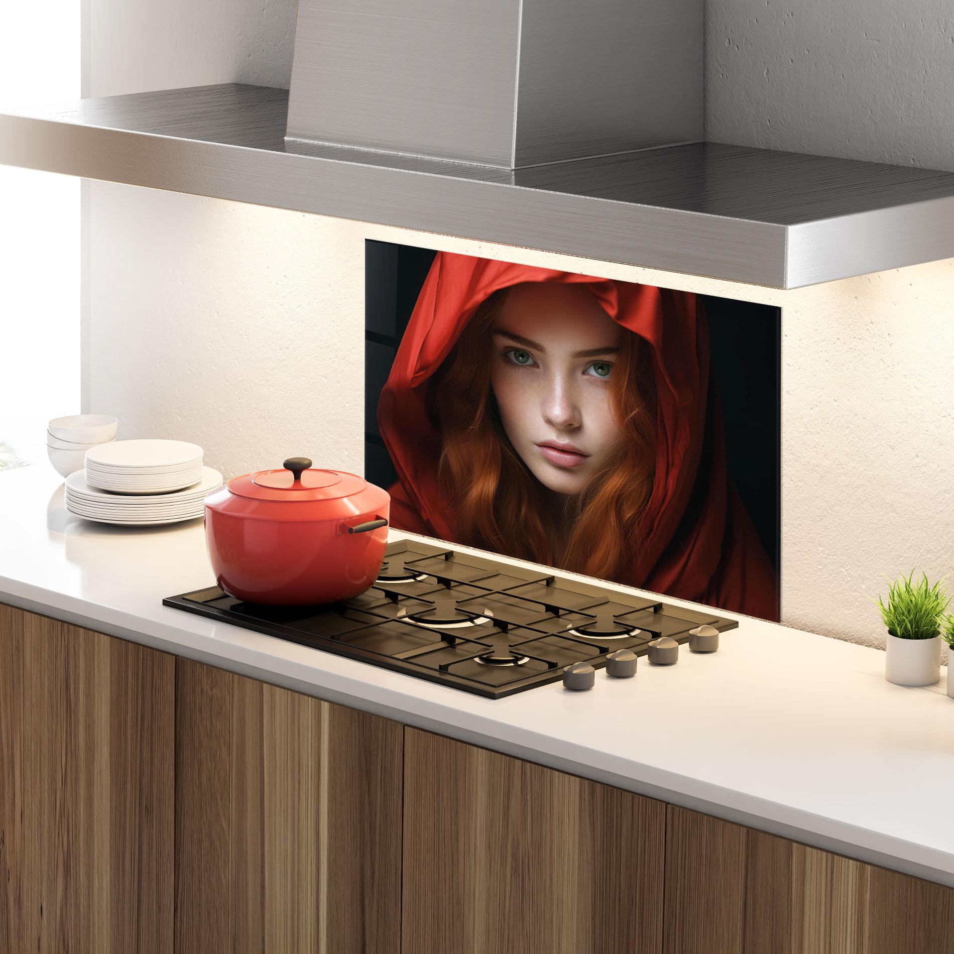 Стъклен панел за кухня Red Hood Portrait mockup 4