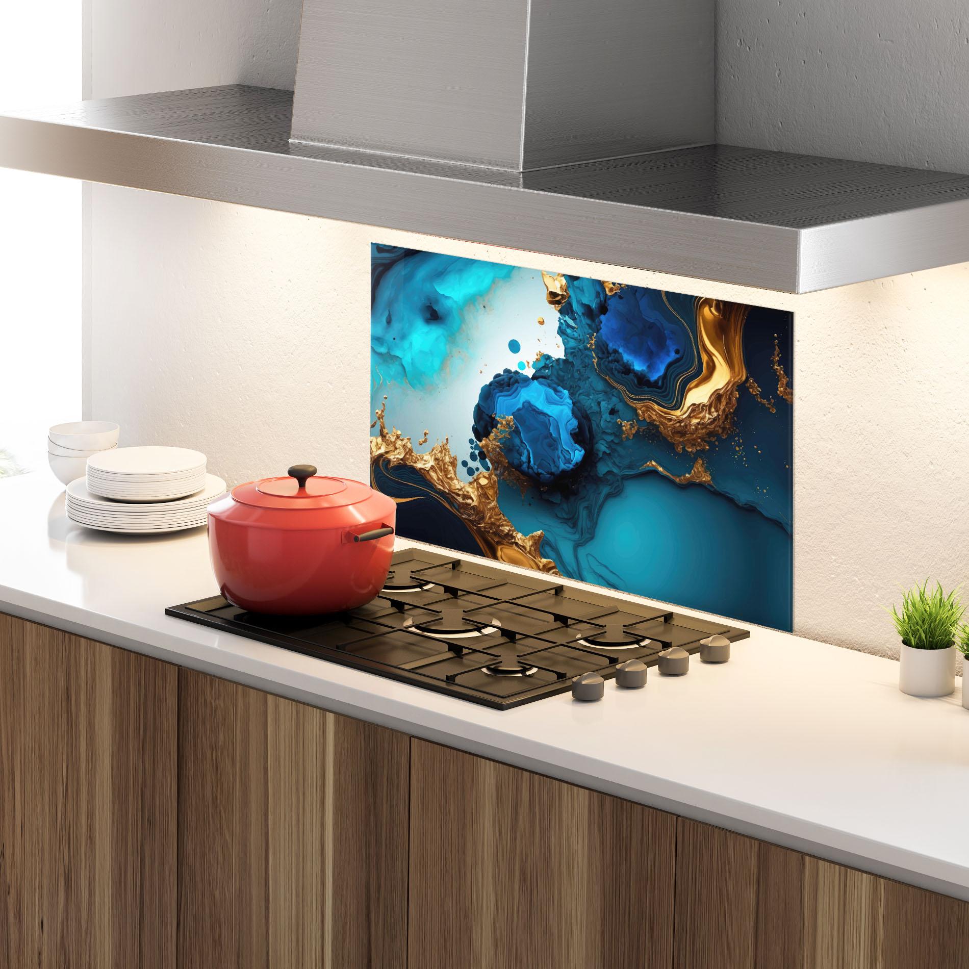 Стъклен панел за кухня Blue Gold Wave mockup 4