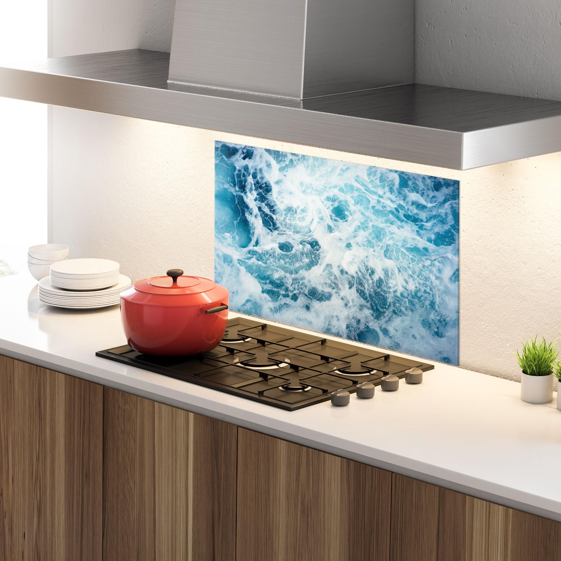 Стъклен панел за кухня White Water Wave mockup 4