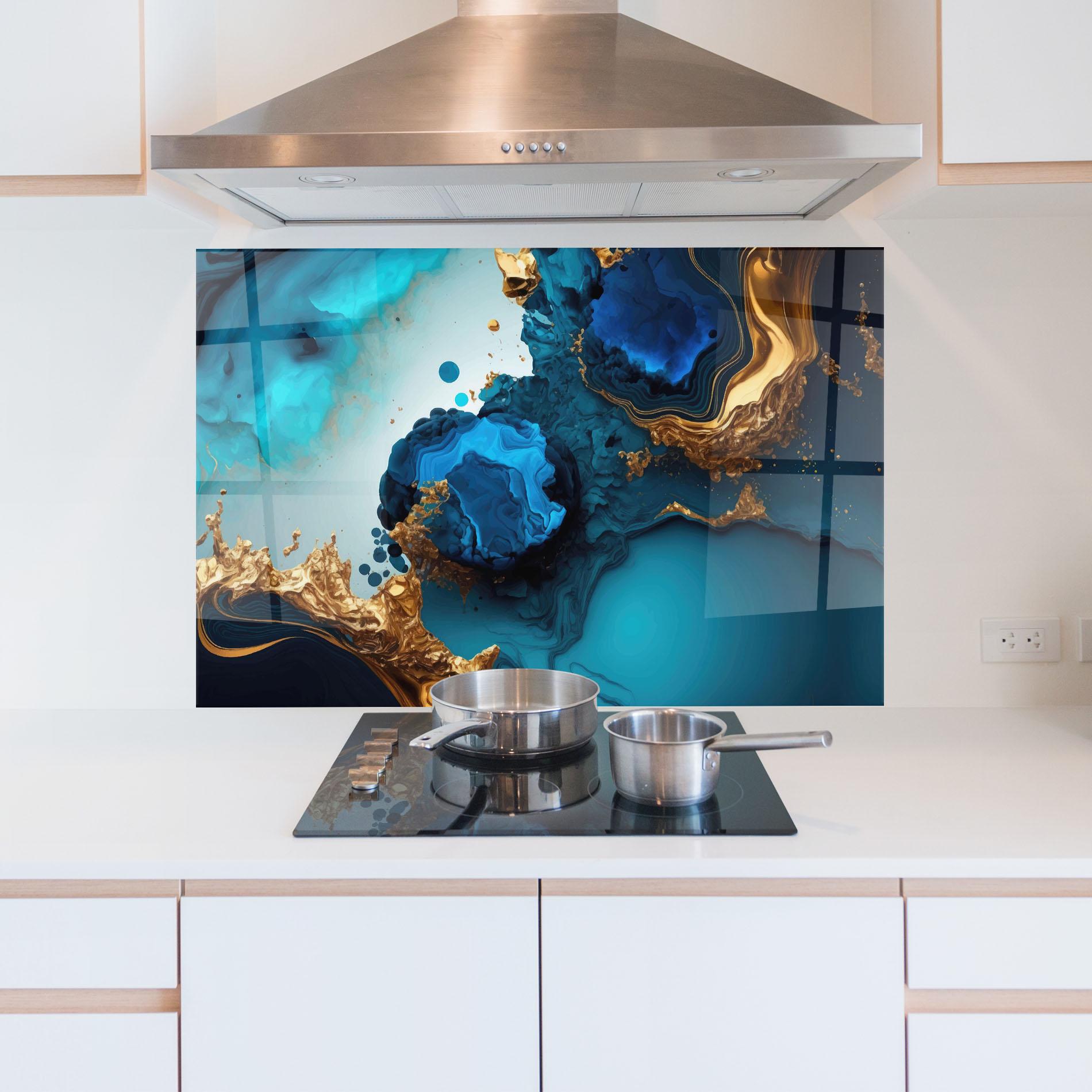 Стъклен панел за кухня Blue Gold Wave mockup 5