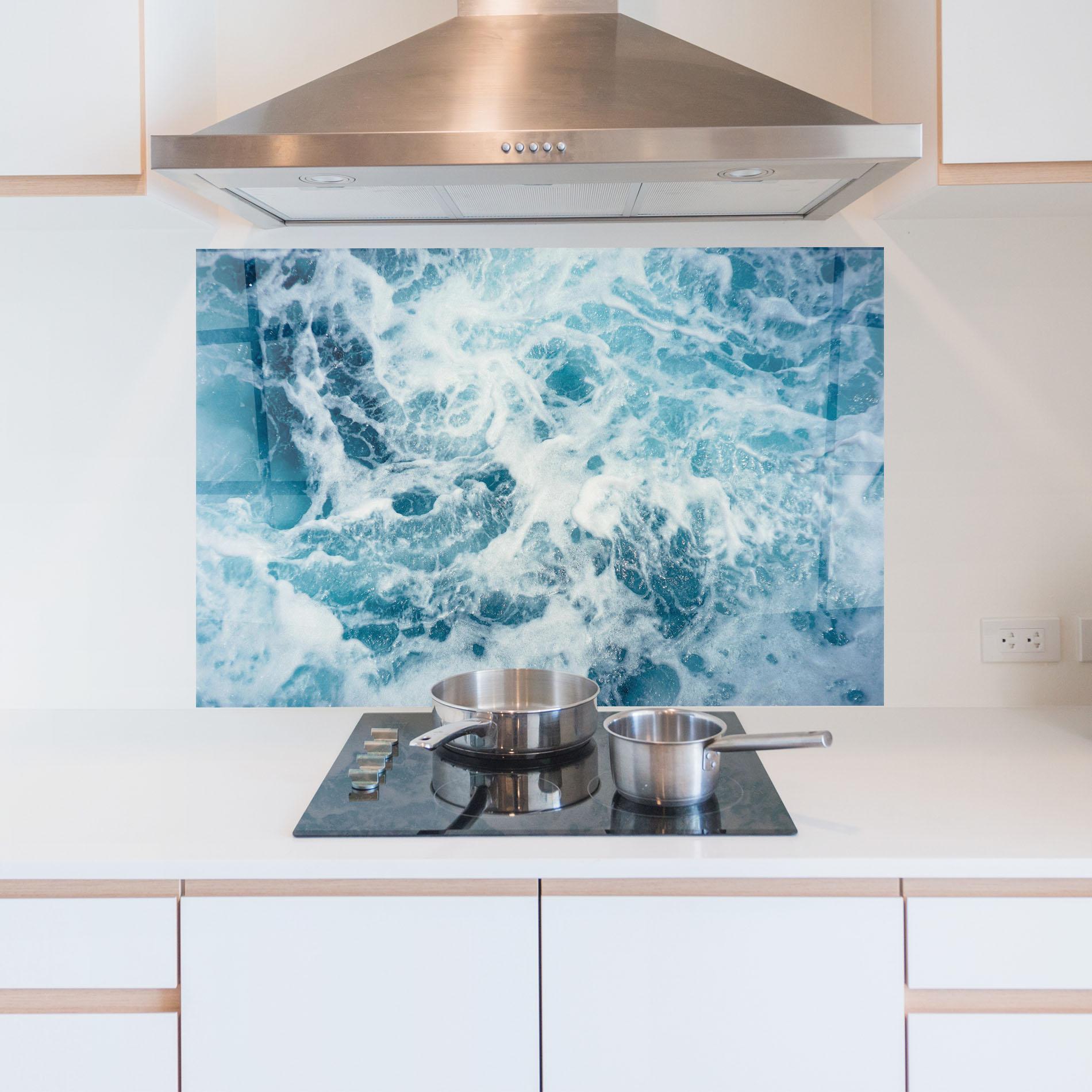 Стъклен панел за кухня White Water Wave mockup 5
