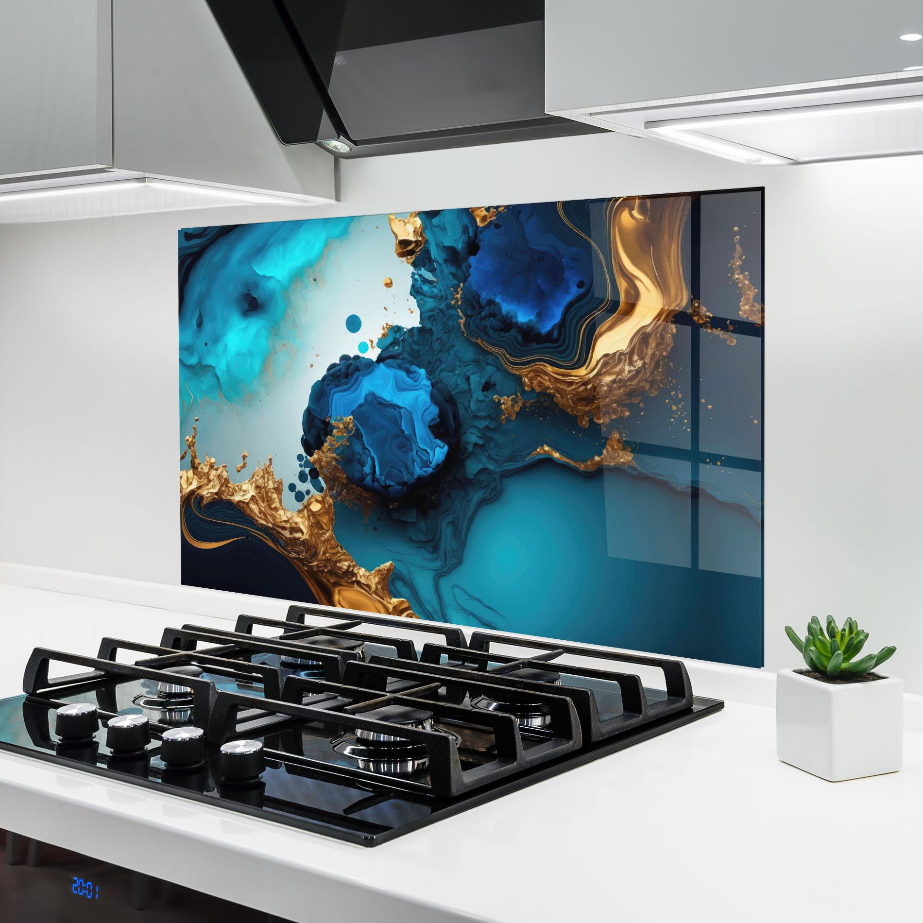 Стъклен панел за кухня Blue Gold Wave mockup 6