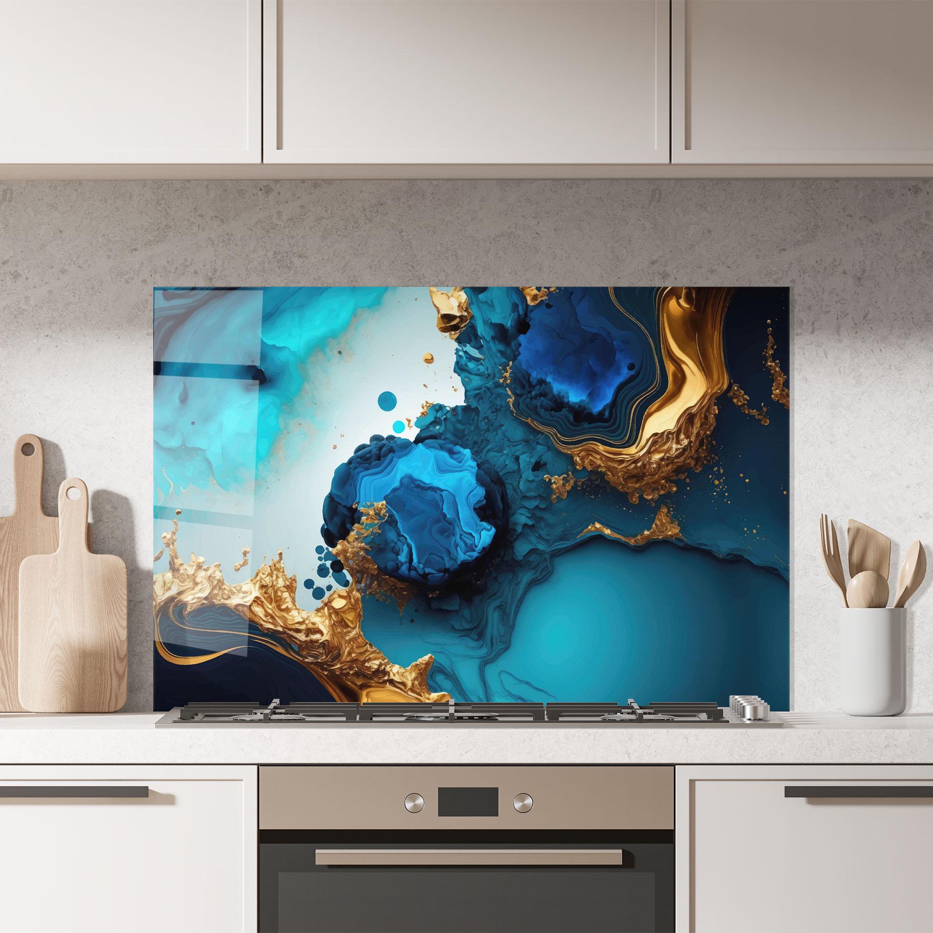 Стъклен панел за кухня Blue Gold Wave mockup 7