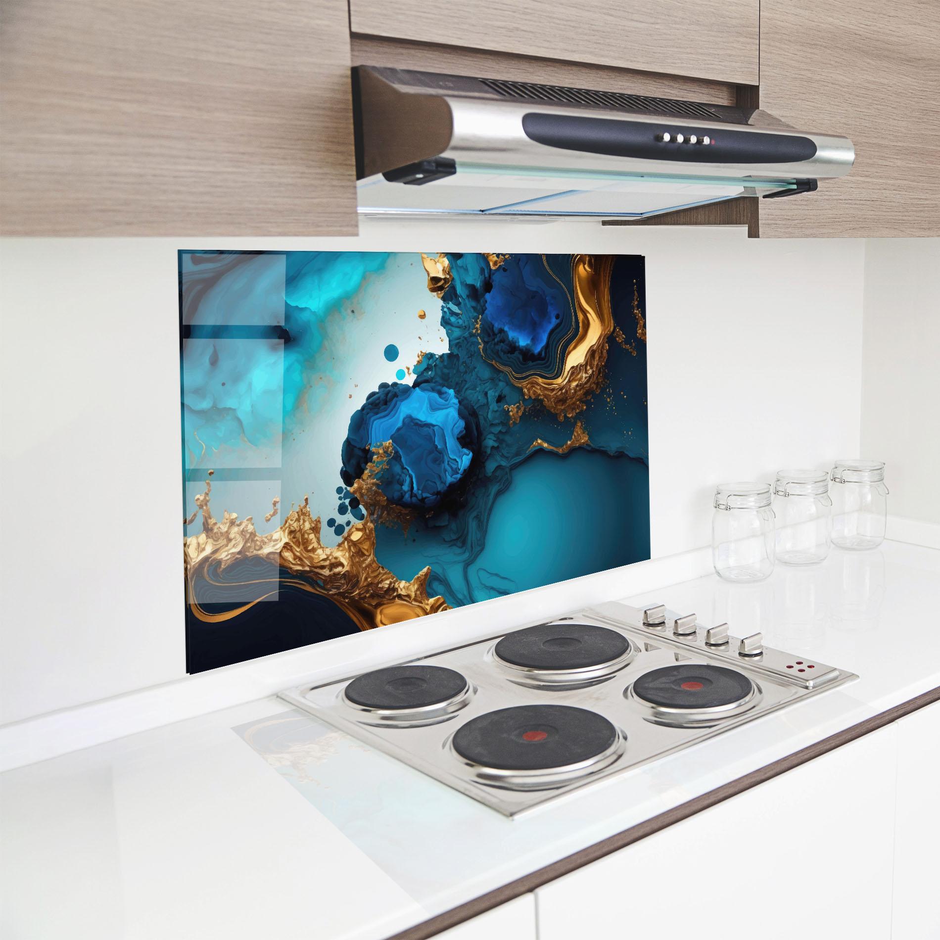 Стъклен панел за кухня Blue Gold Wave mockup 8