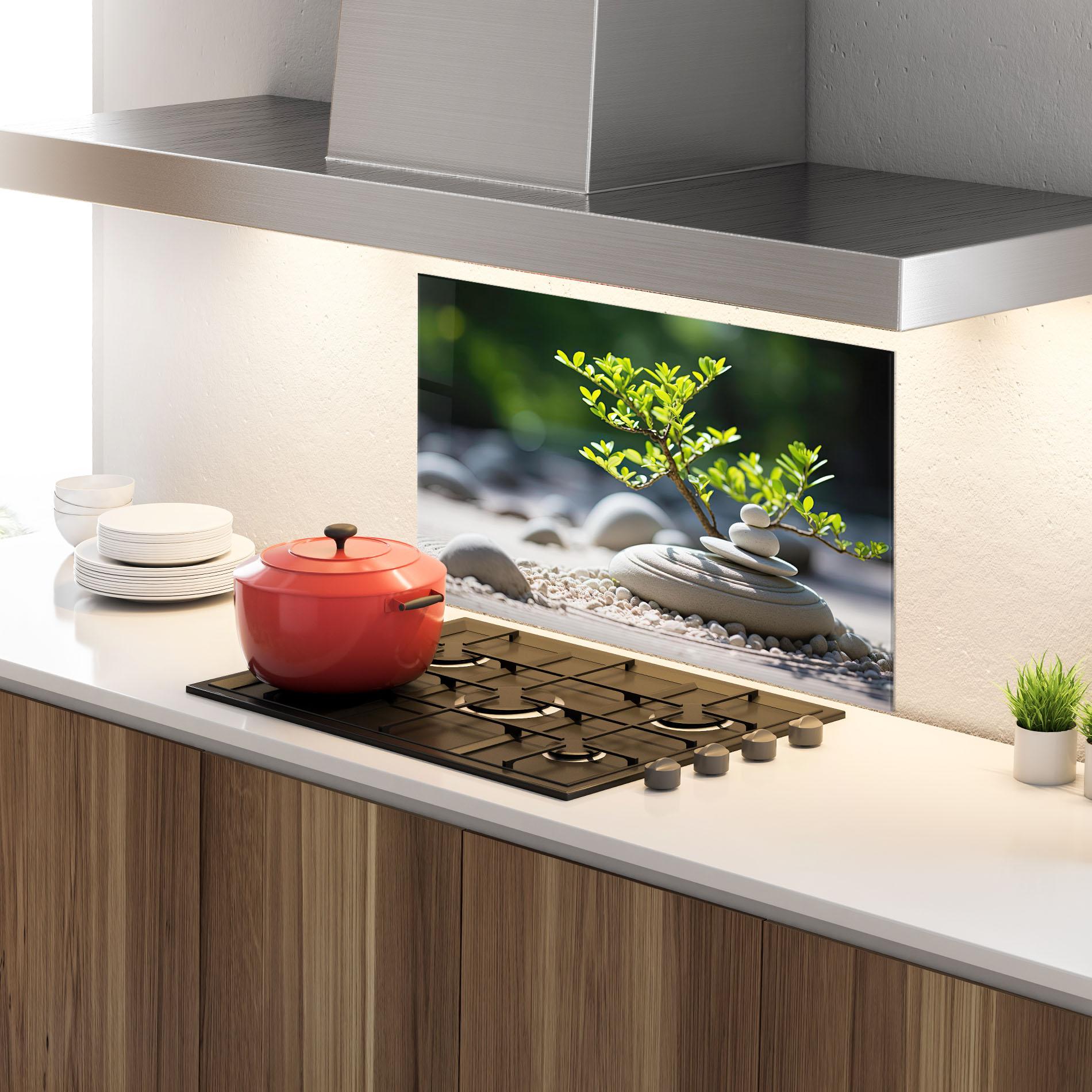 Стъклен панел за кухня White Pebbles Plants mockup 4