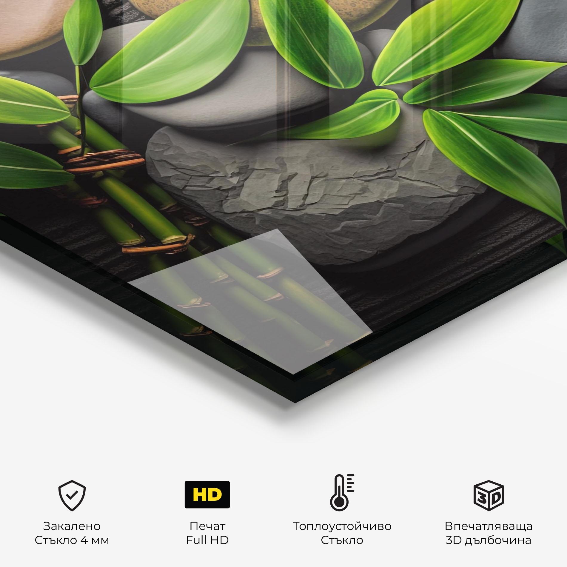 Стъклен панел за кухня Bamboo Stones View mockup 2