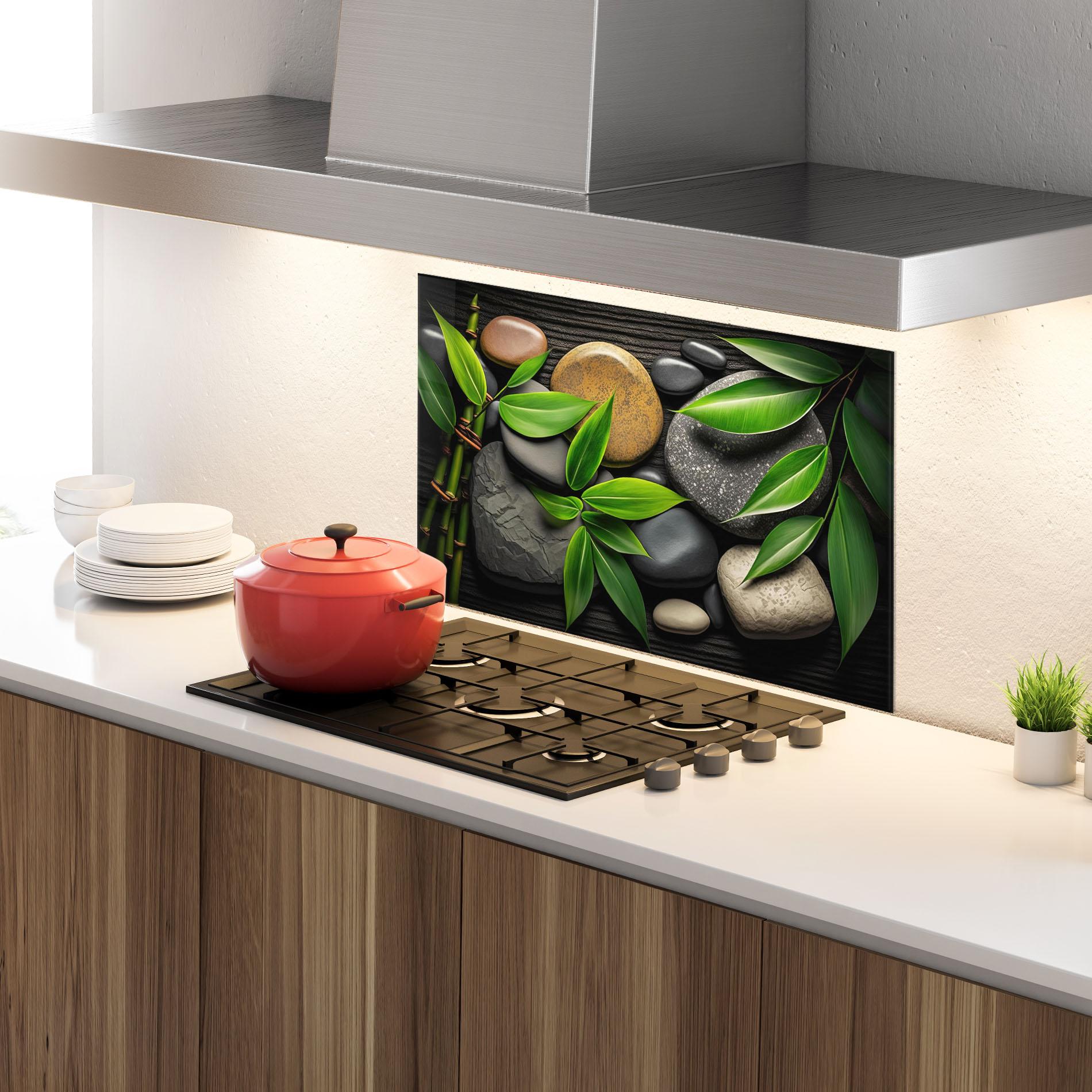 Стъклен панел за кухня Bamboo Stones View mockup 4