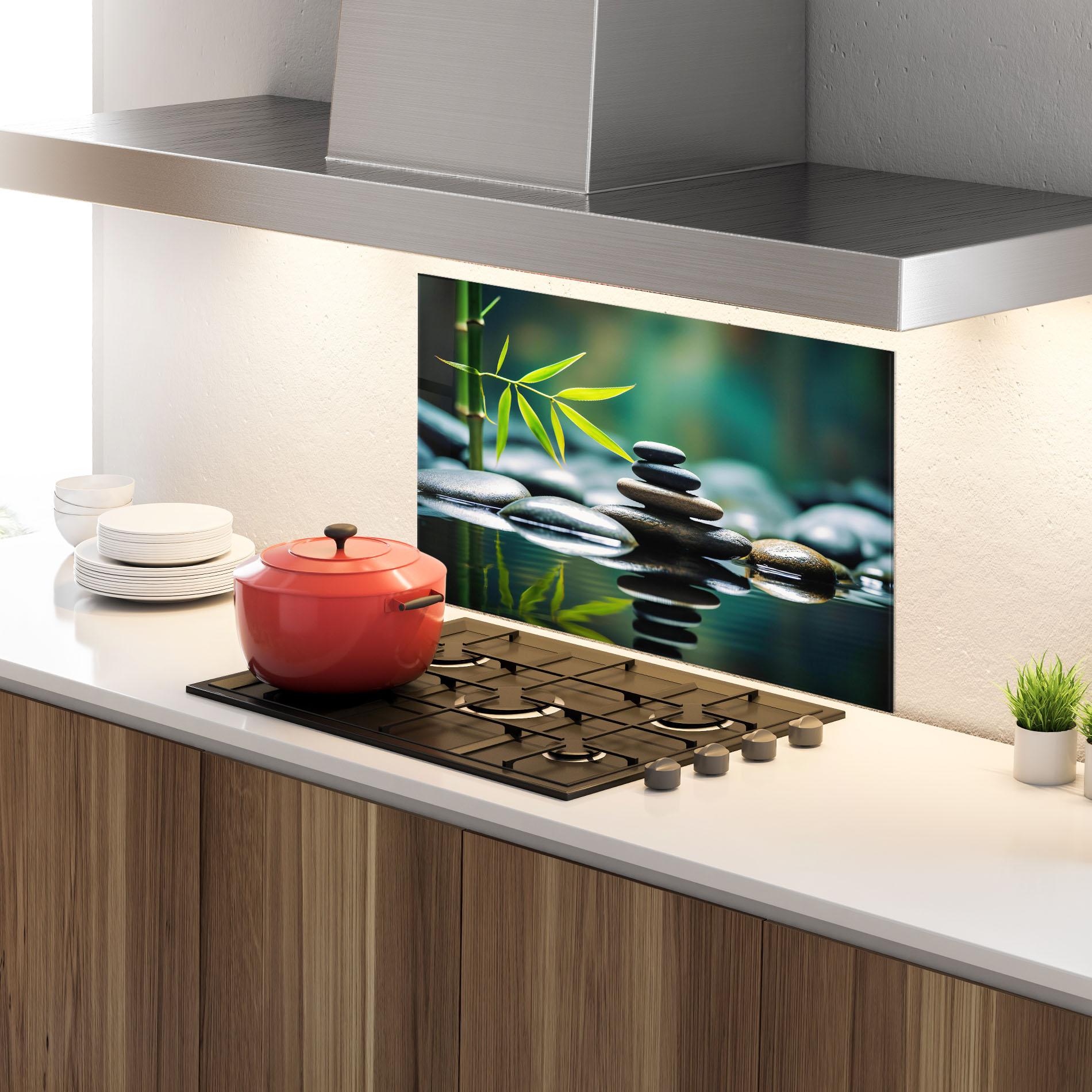 Стъклен панел за кухня Bamboo Stones mockup 4