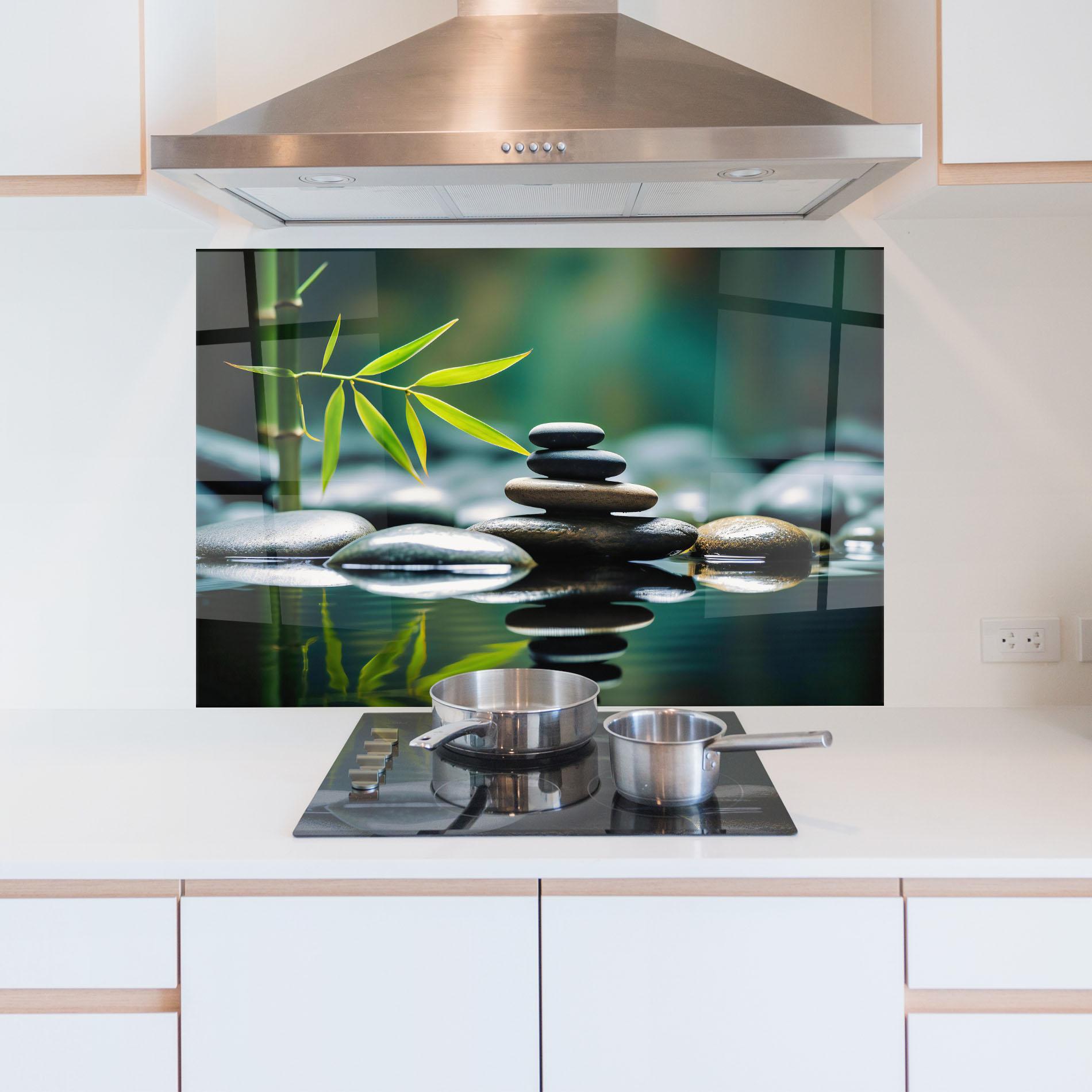 Стъклен панел за кухня Bamboo Stones mockup 5