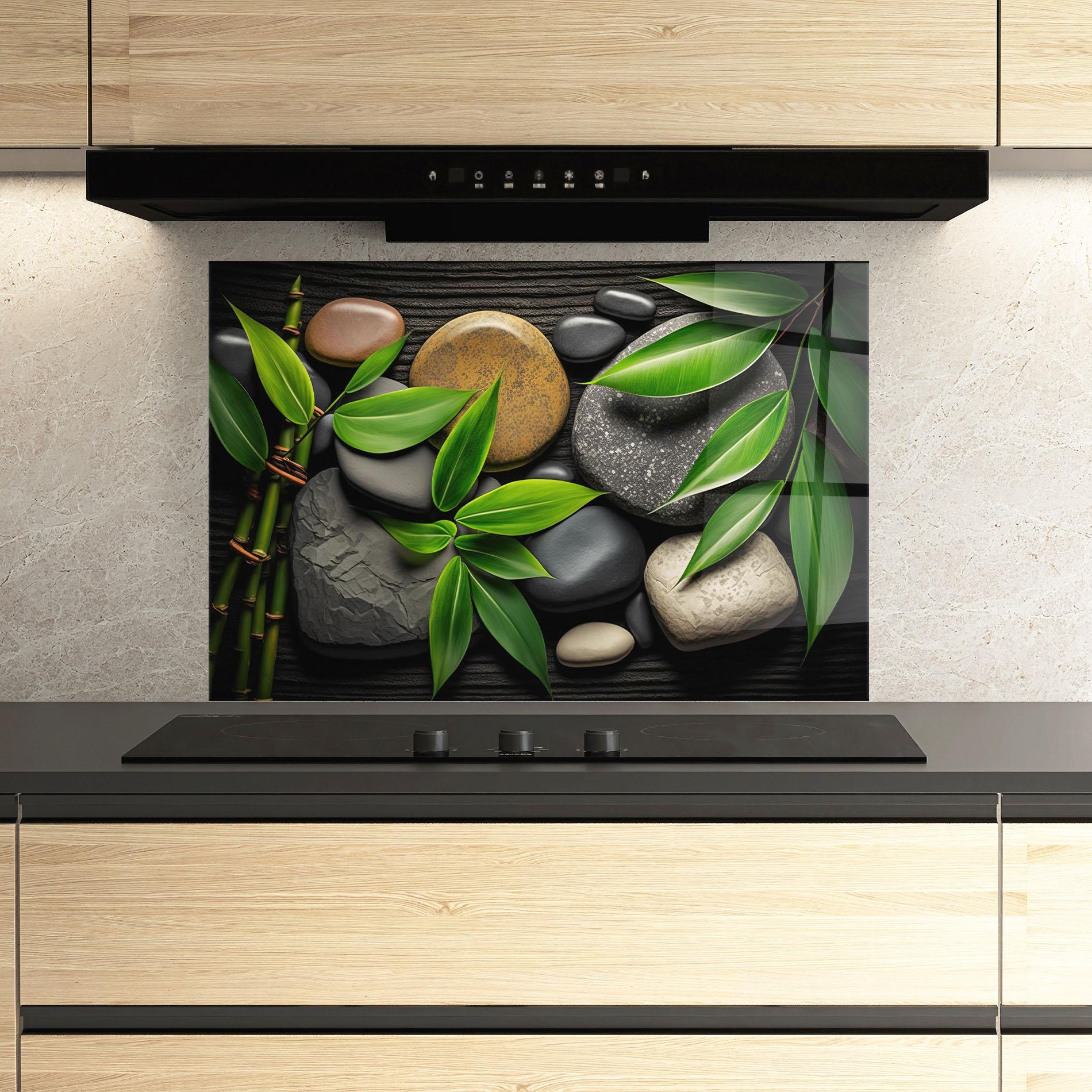 Стъклен панел за кухня Bamboo Stones View mockup 3