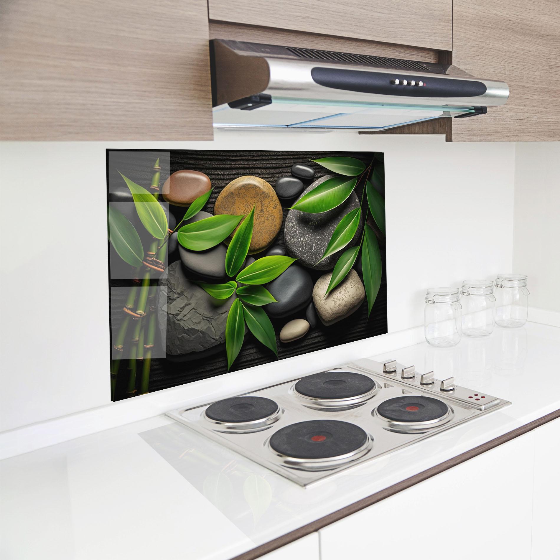 Стъклен панел за кухня Bamboo Stones View mockup 8