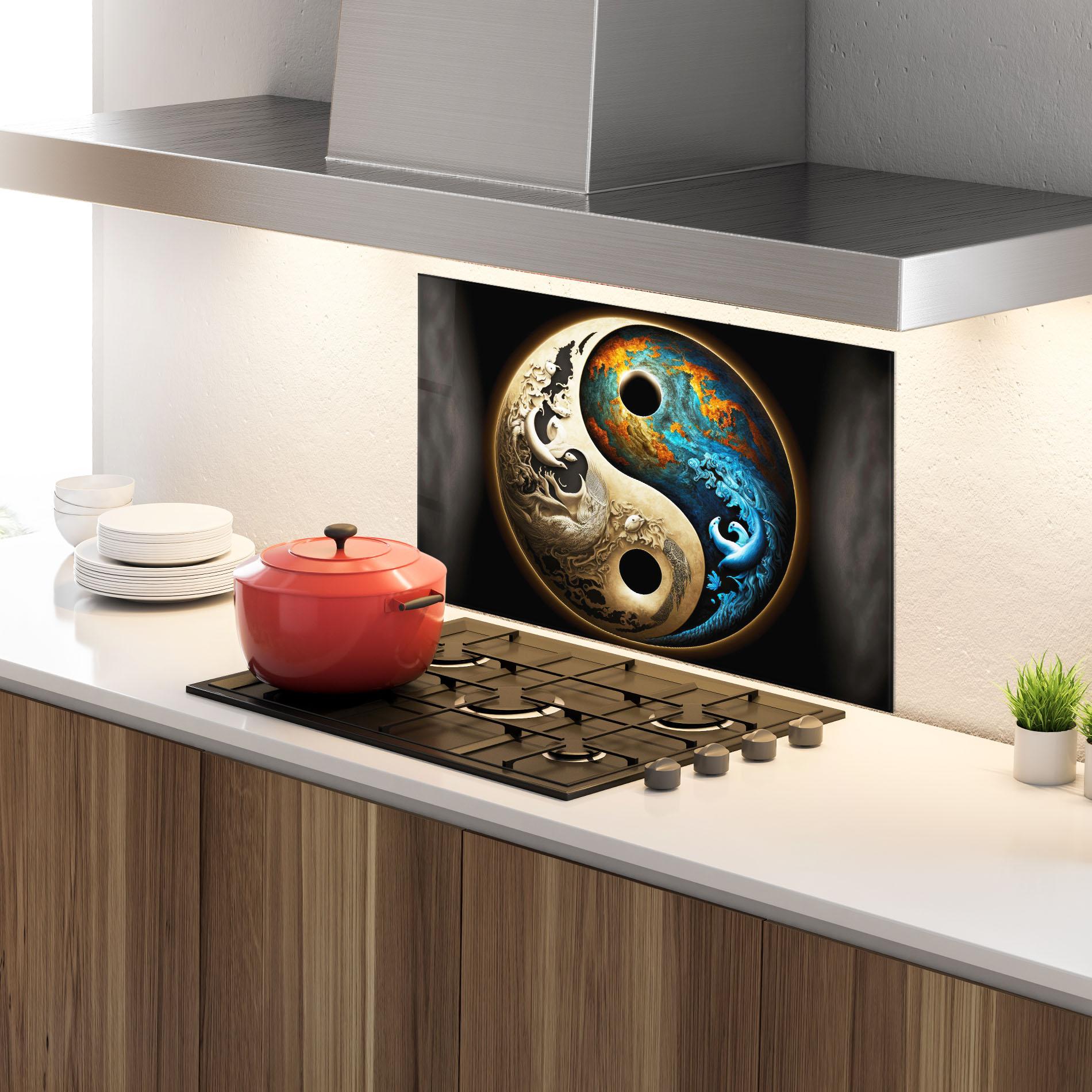 Стъклен панел за кухня Cream Blue Yinyang mockup 4
