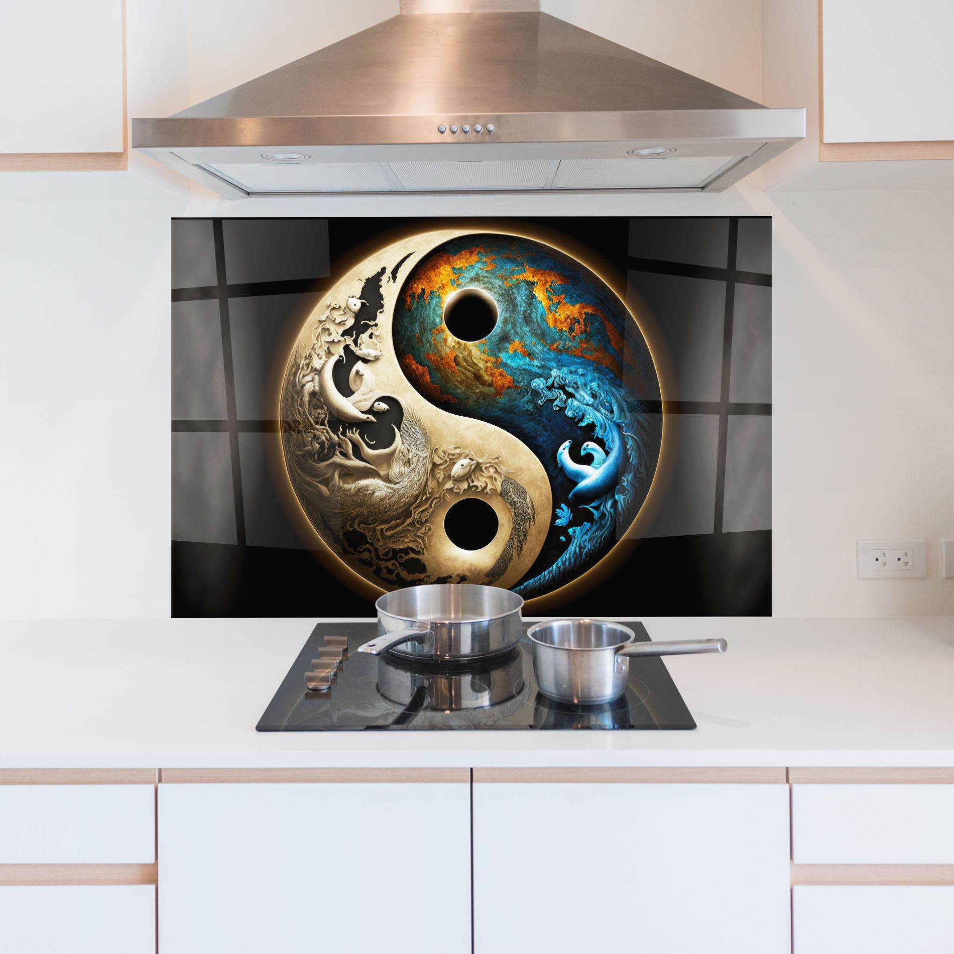 Стъклен панел за кухня Cream Blue Yinyang mockup 5