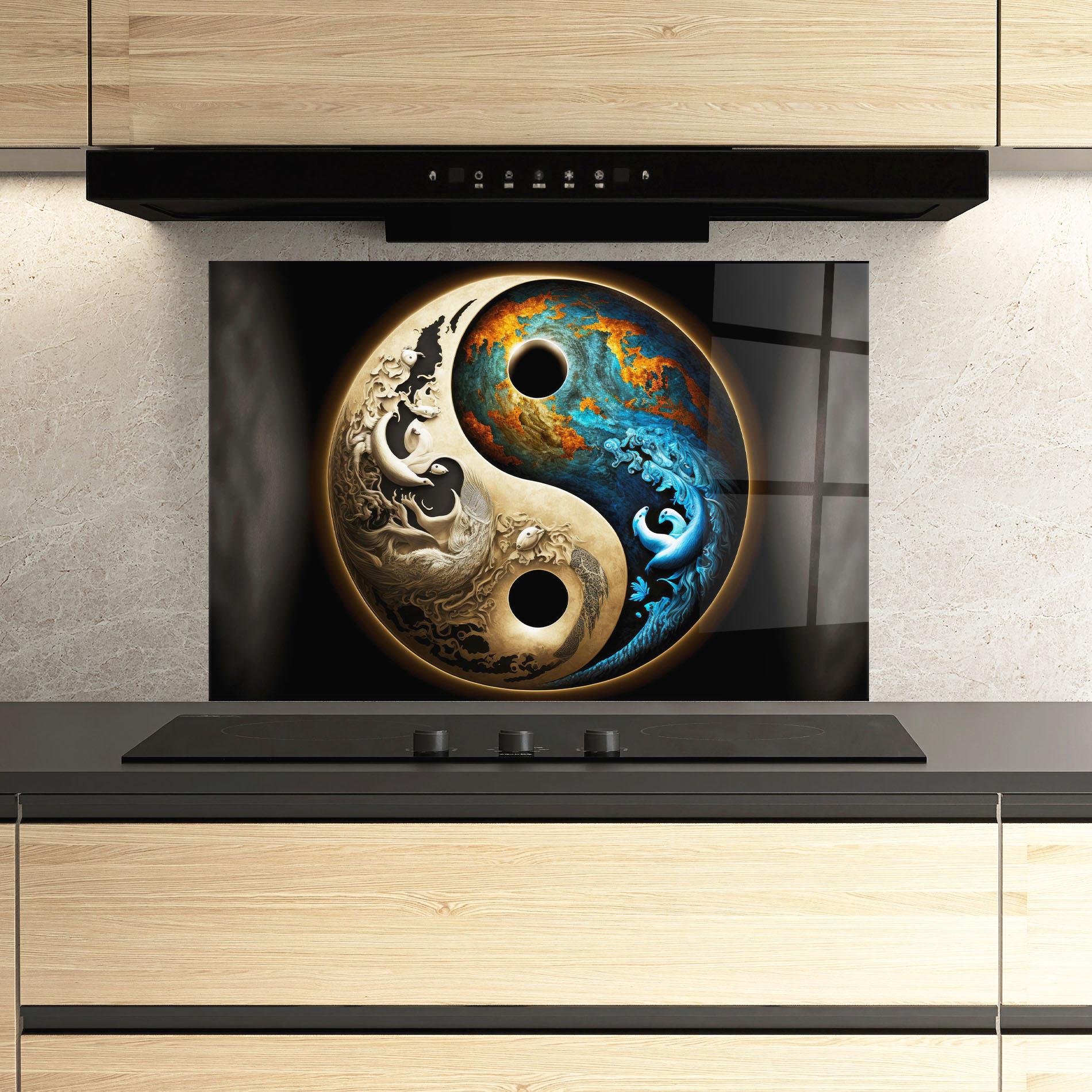 Стъклен панел за кухня Cream Blue Yinyang mockup 3