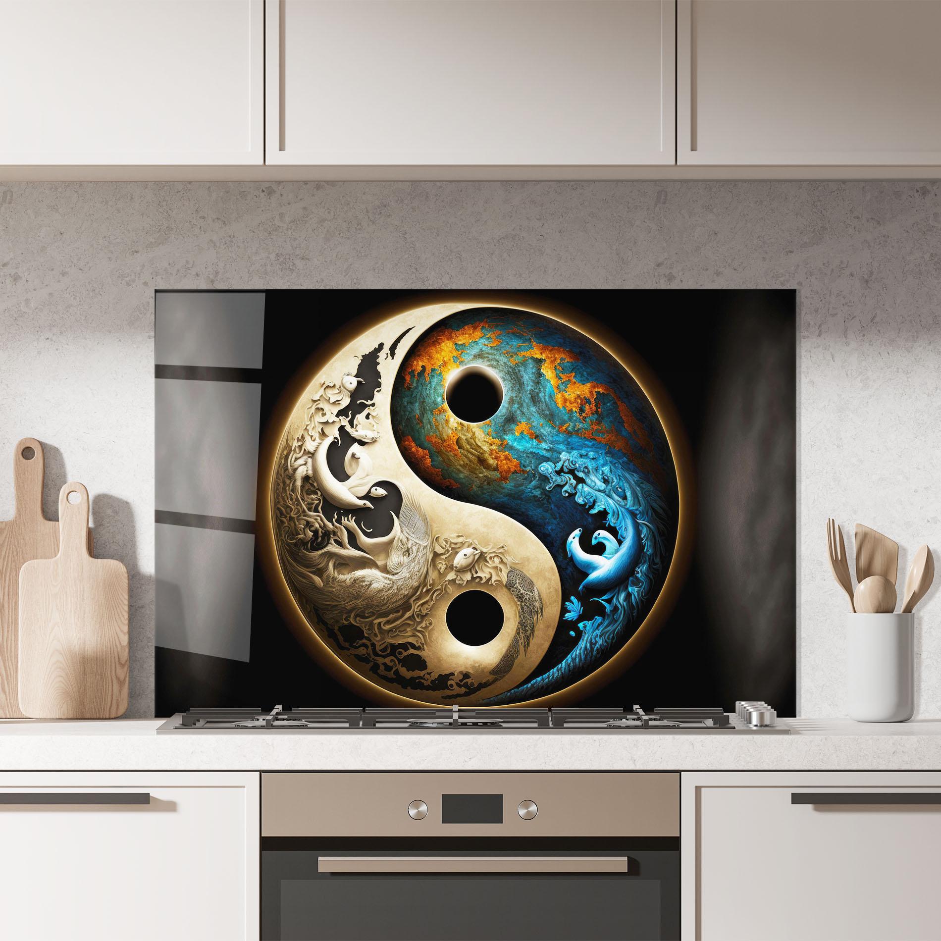 Стъклен панел за кухня Cream Blue Yinyang mockup 7