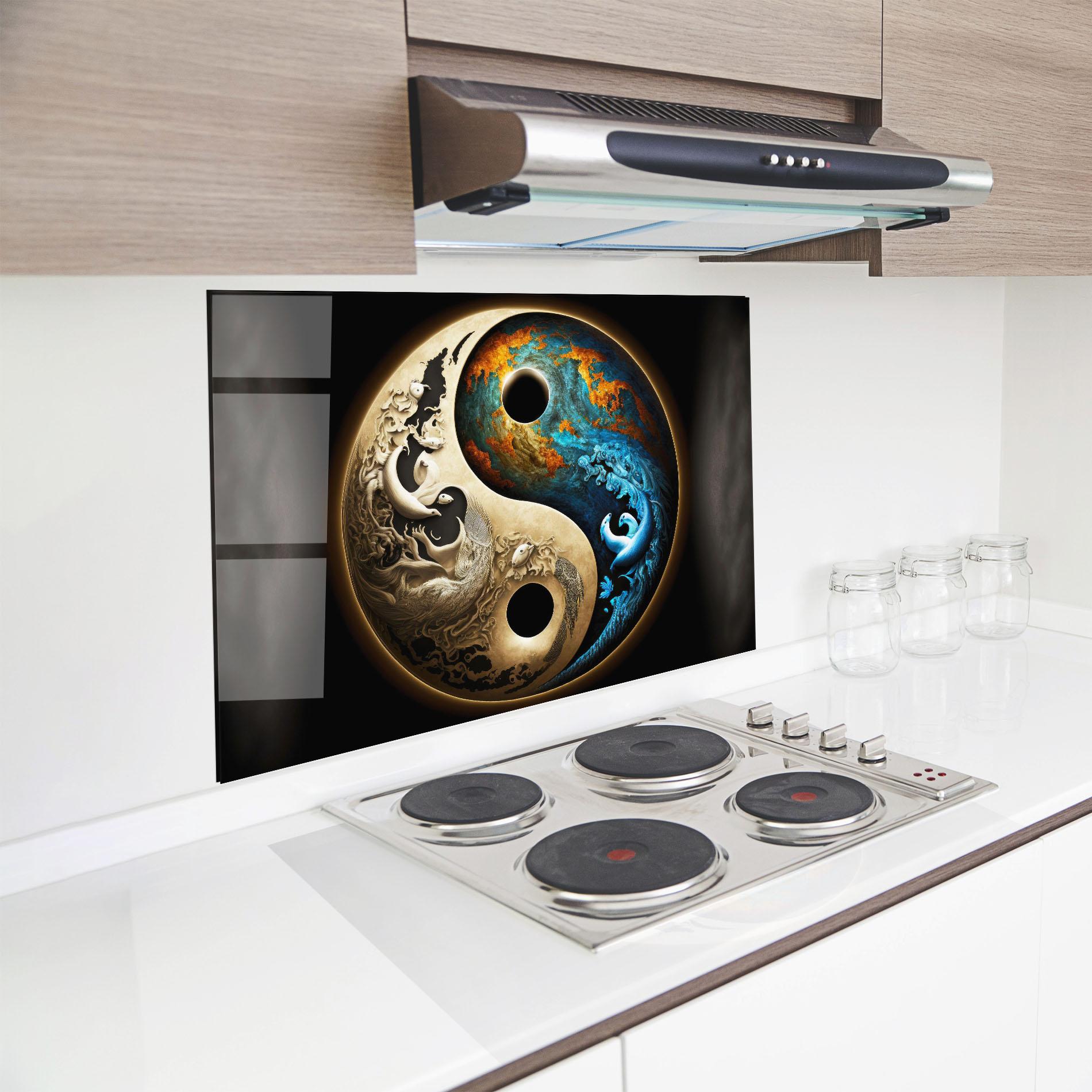 Стъклен панел за кухня Cream Blue Yinyang mockup 8