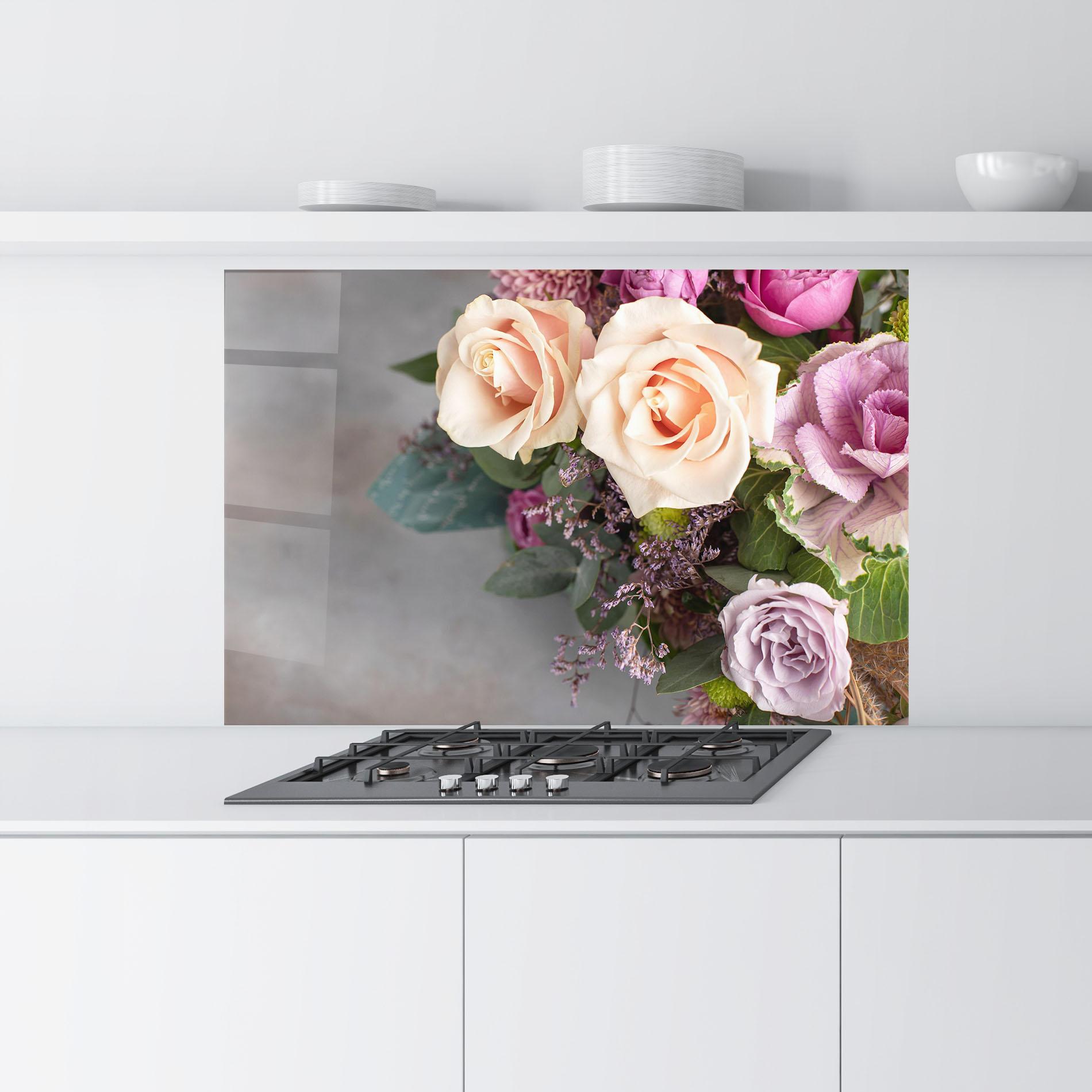 Стъклен панел за кухня Cream Purple Bouquet mockup 9
