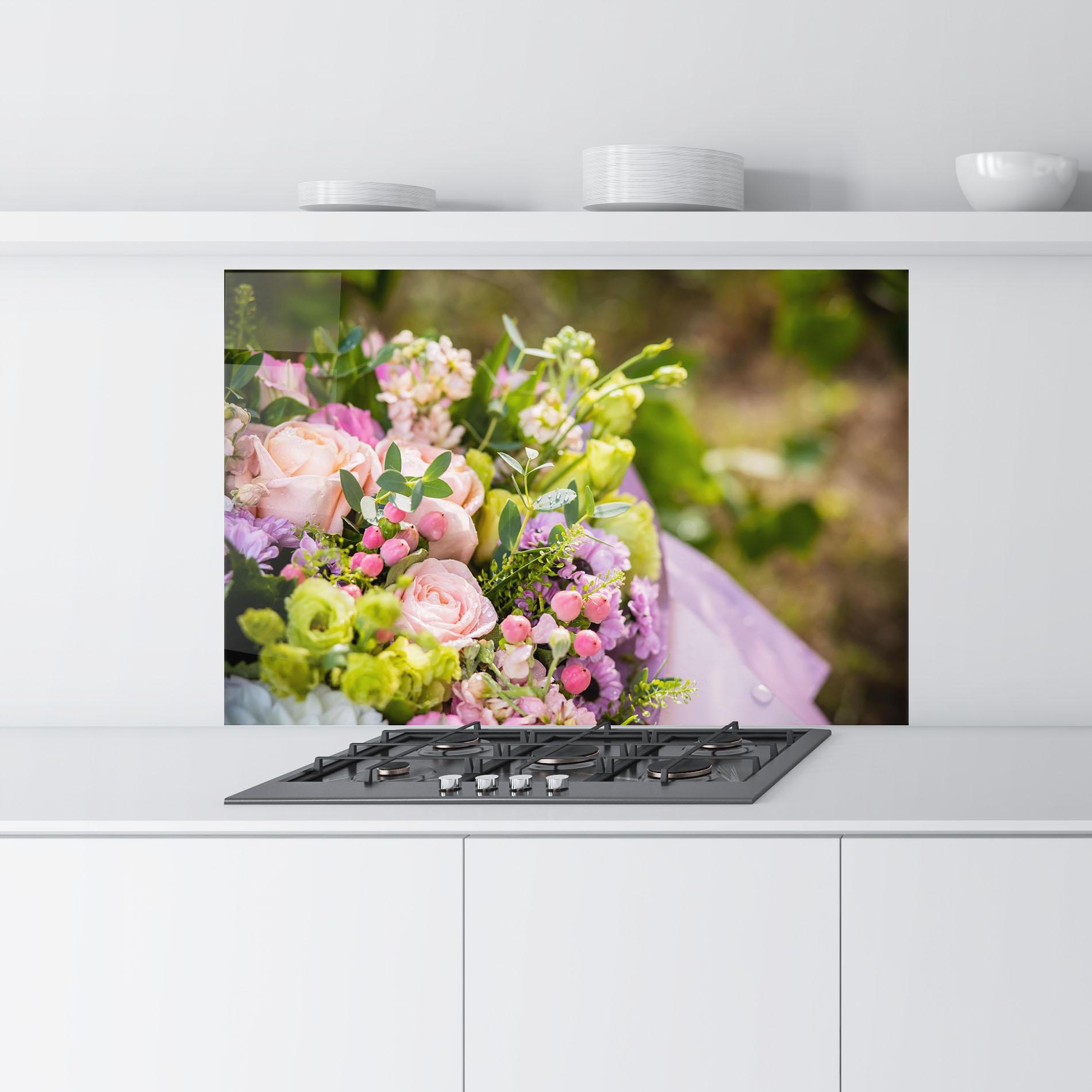 Стъклен панел за кухня Green Pink Bouquet mockup 9