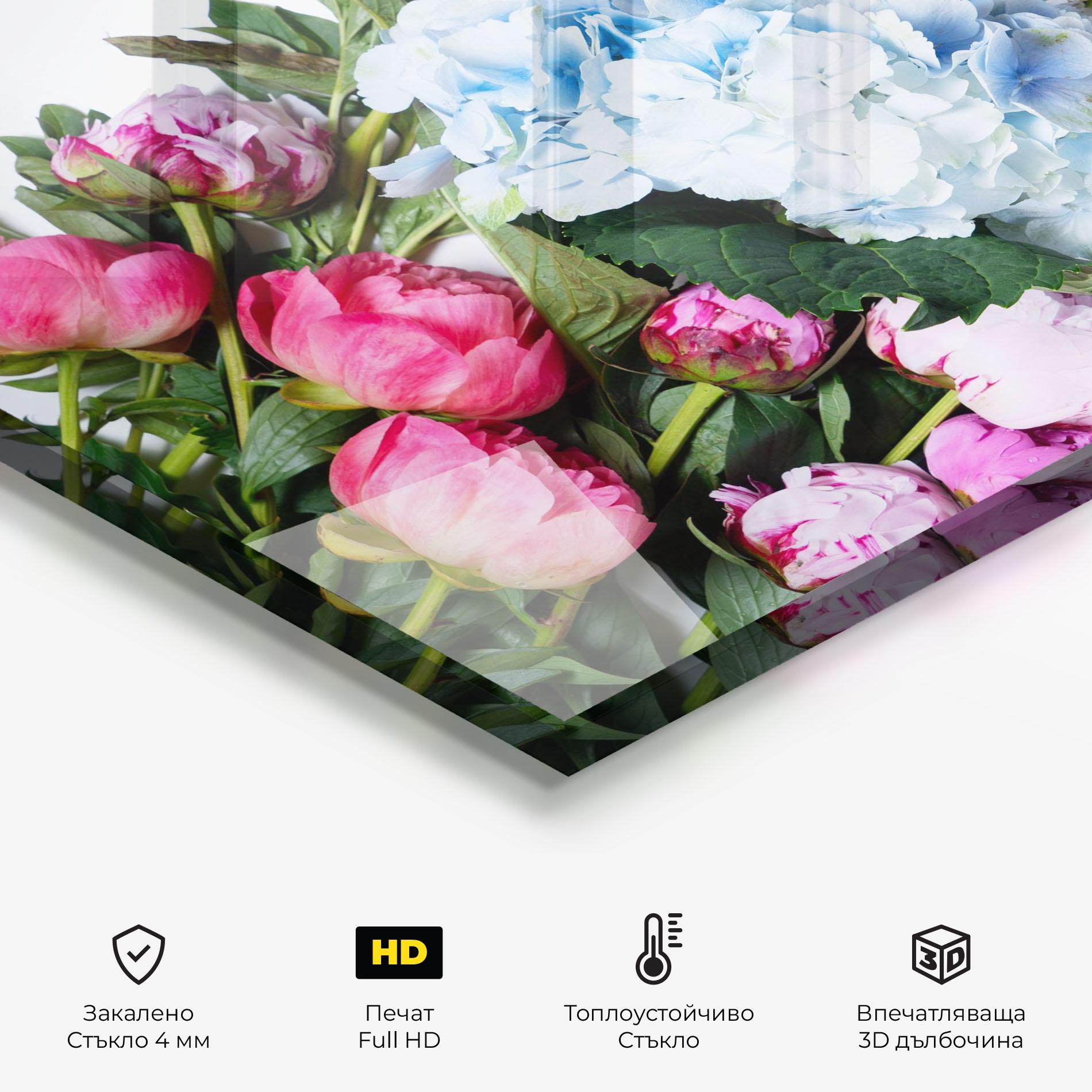 Стъклен панел за кухня Blue Pink Bouquet mockup 2