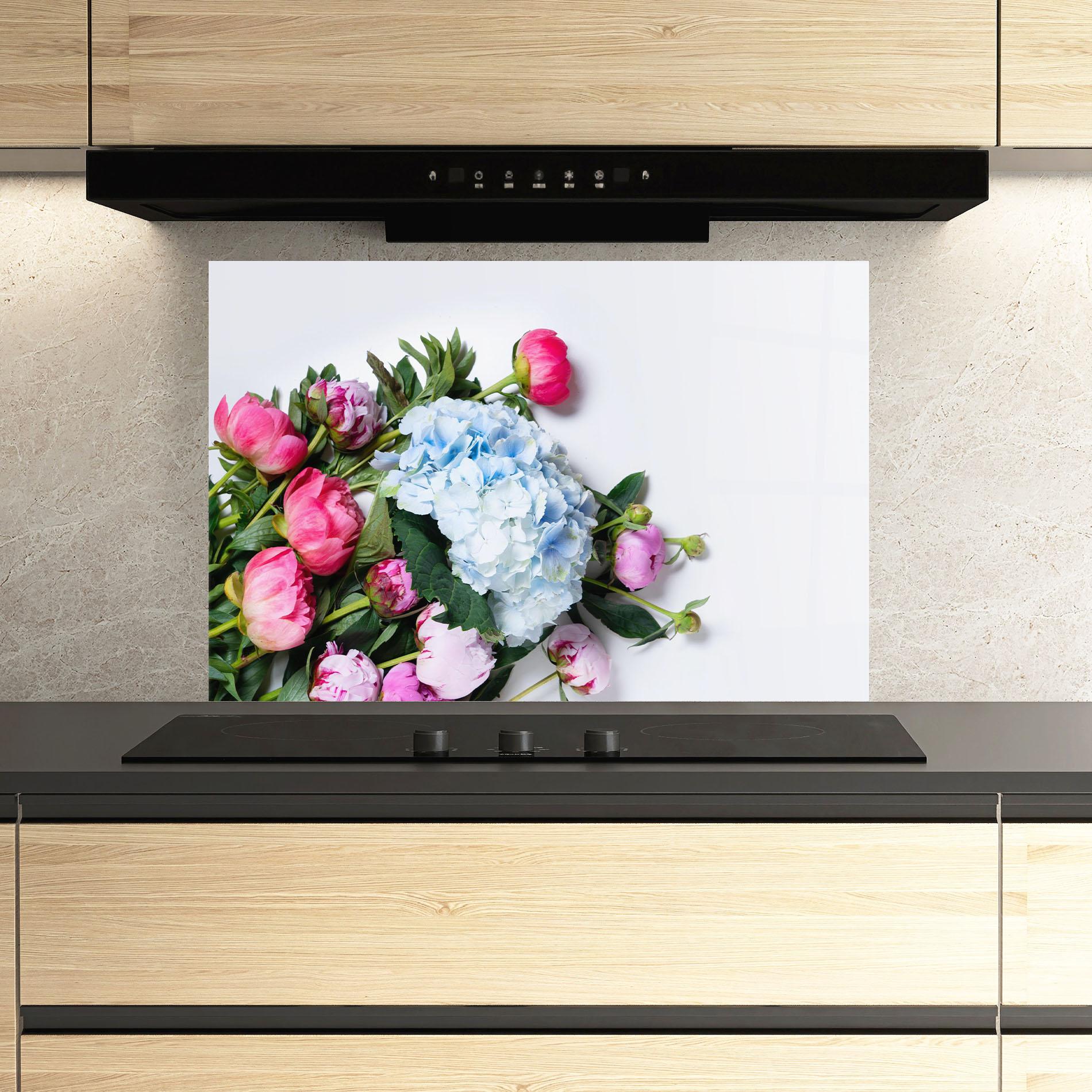 Стъклен панел за кухня Blue Pink Bouquet mockup 3