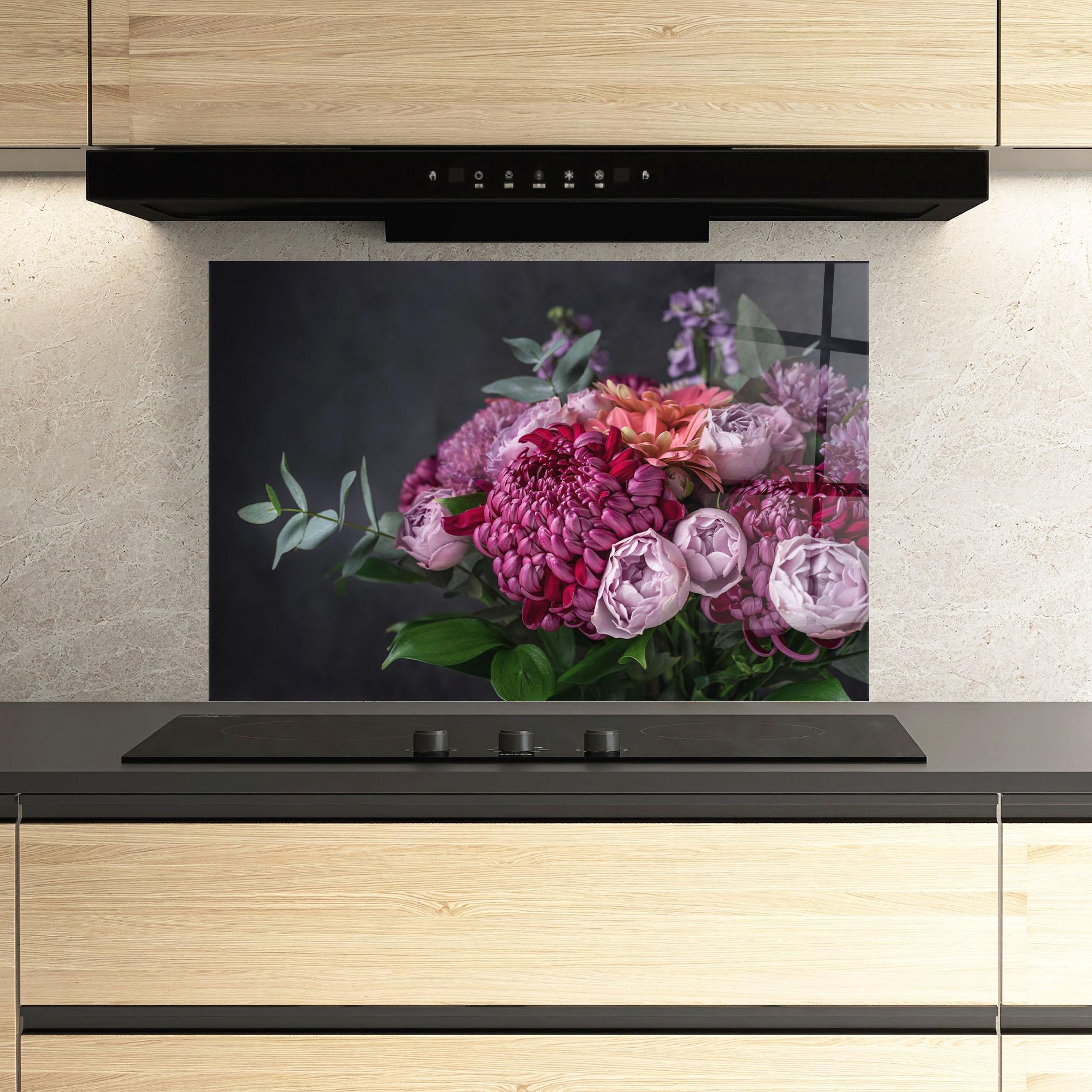 Стъклен панел за кухня Mix Purple Bouquet mockup 3