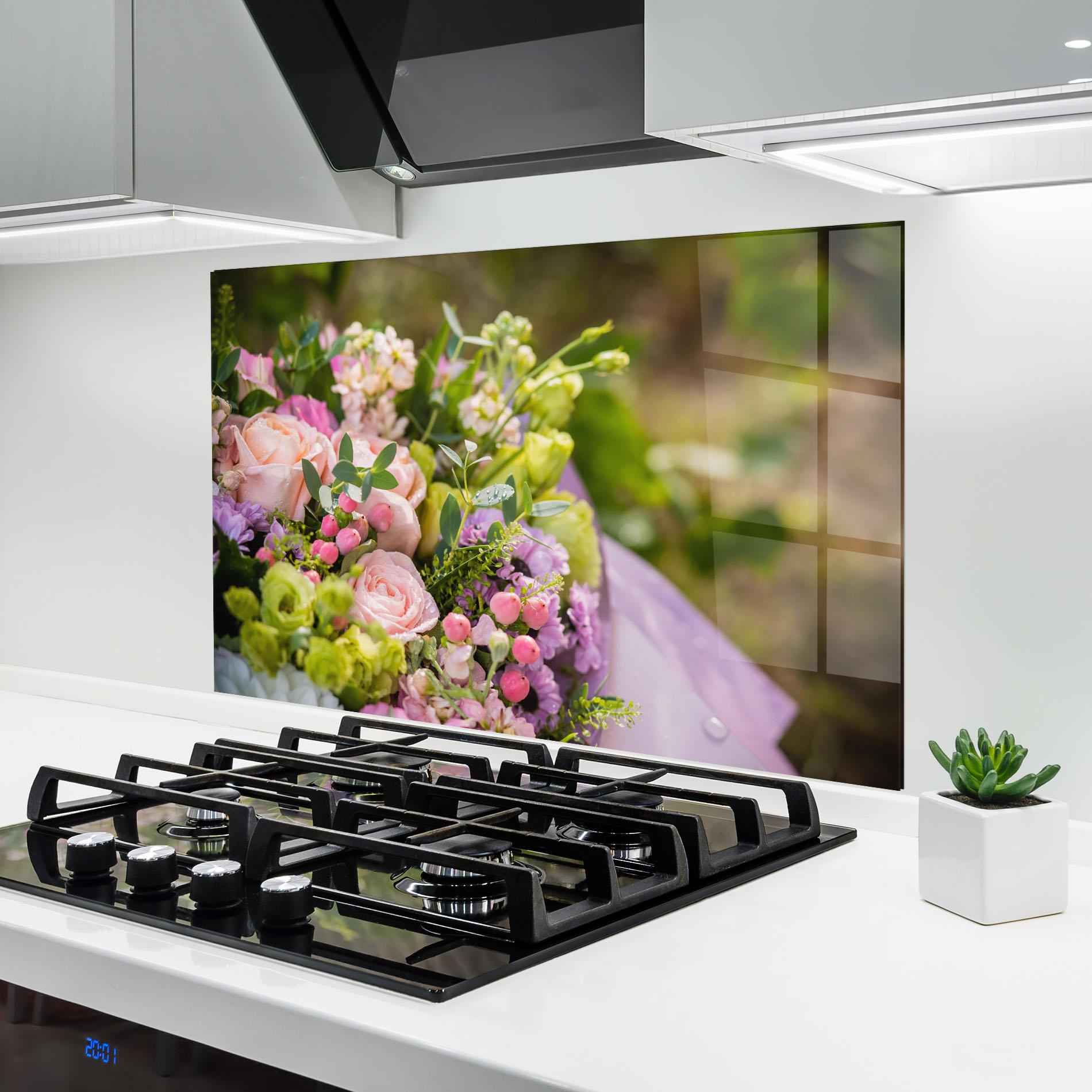 Стъклен панел за кухня Green Pink Bouquet mockup 6