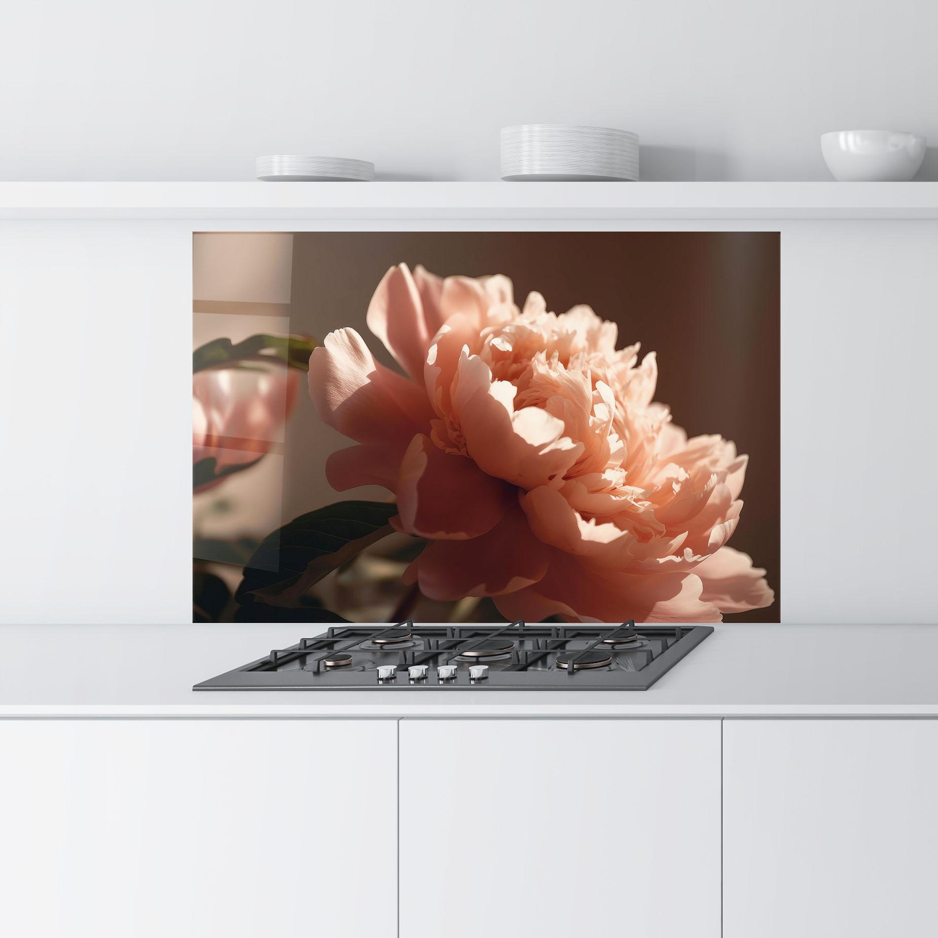 Стъклен панел за кухня Light Orange Peony View mockup 9