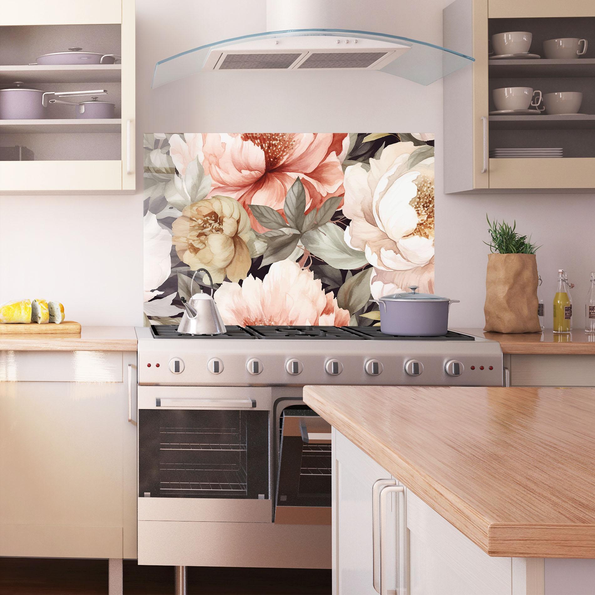 Стъклен панел за кухня Cream Pink Peony mockup 1