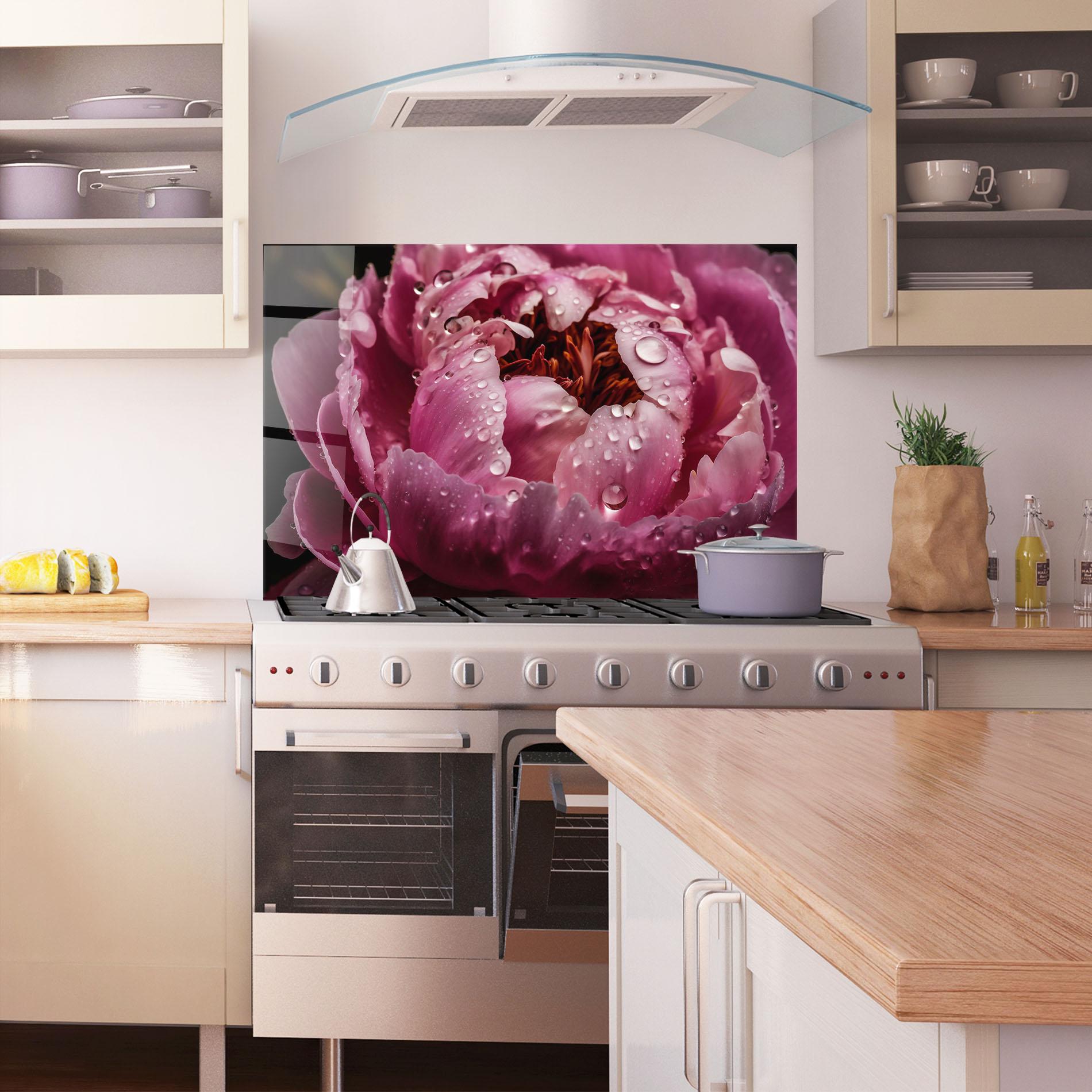 Стъклен панел за кухня Peony Close Up After Rain mockup 1