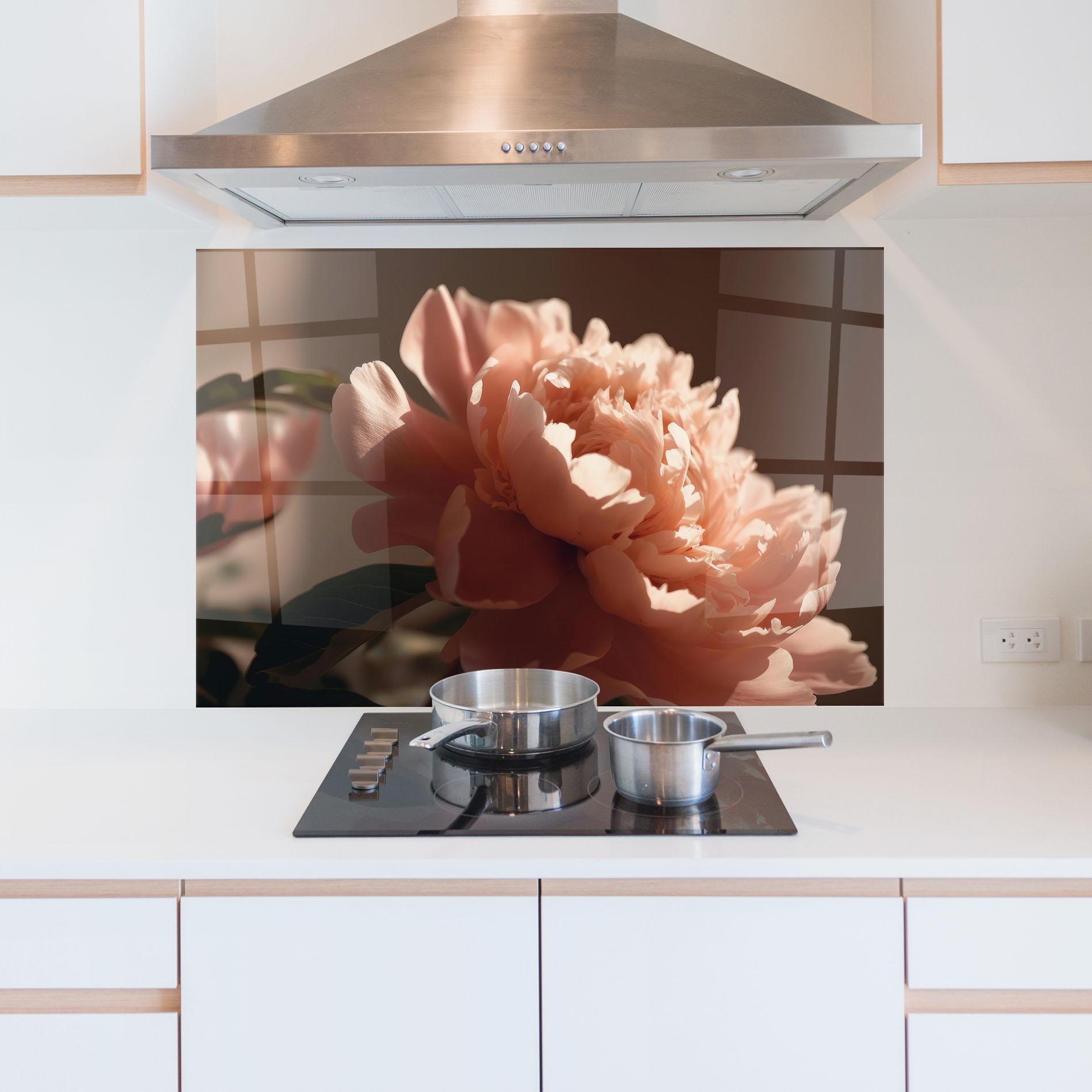 Стъклен панел за кухня Light Orange Peony View mockup 5