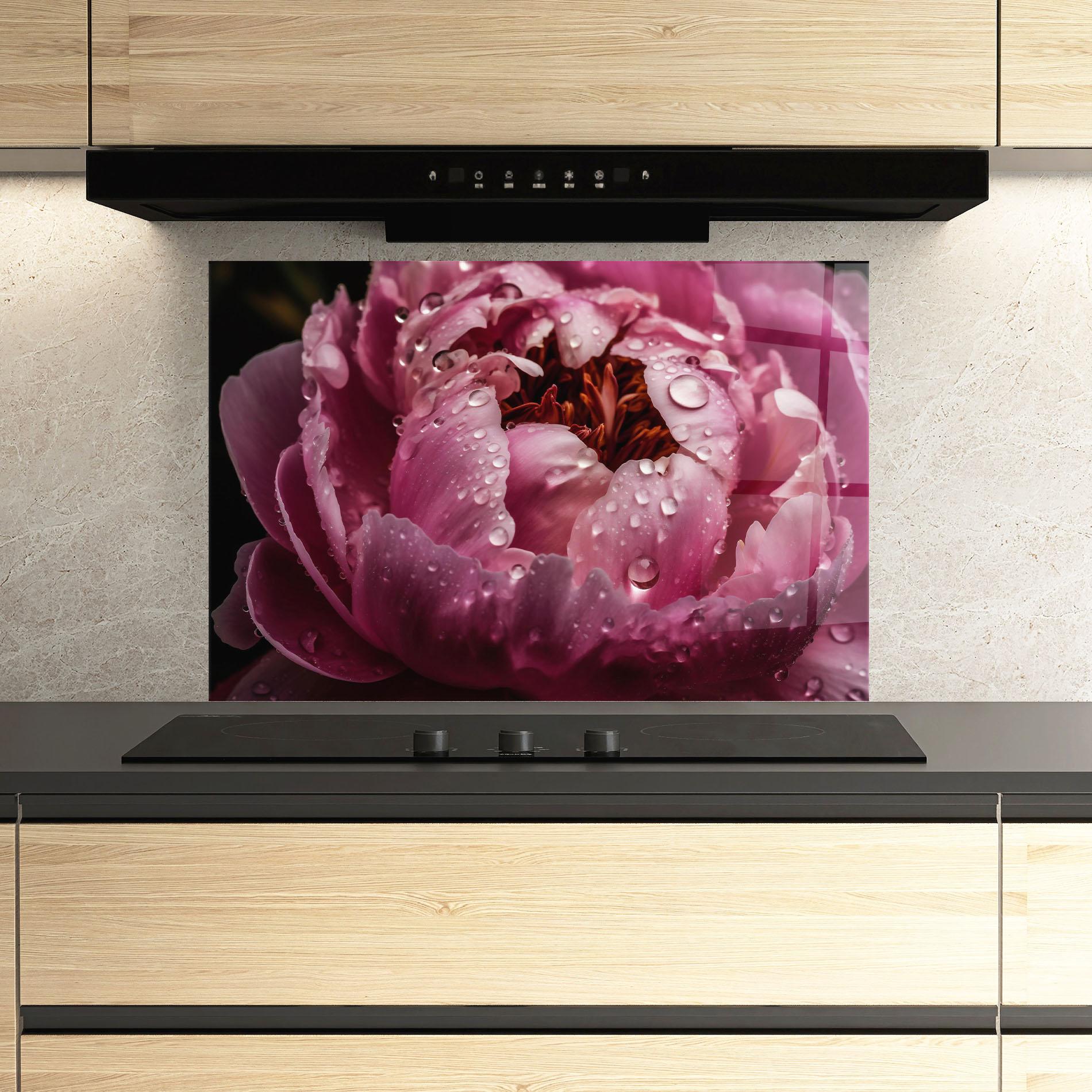 Стъклен панел за кухня Peony Close Up After Rain mockup 3
