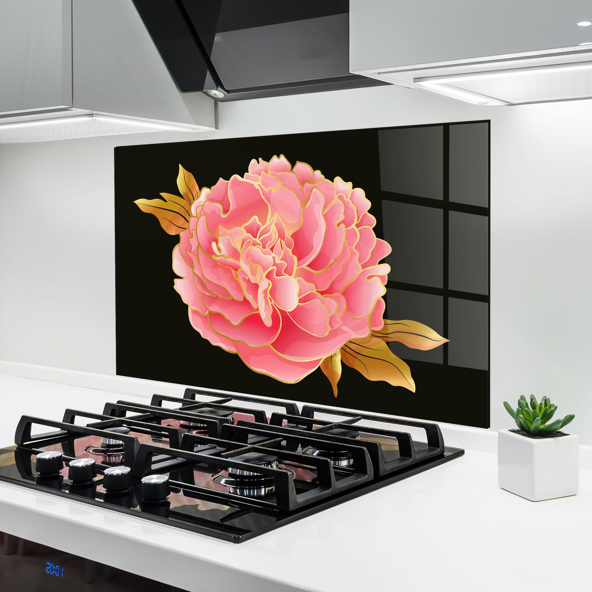 Стъклен панел за кухня Gold Pinkk Peony mockup 6