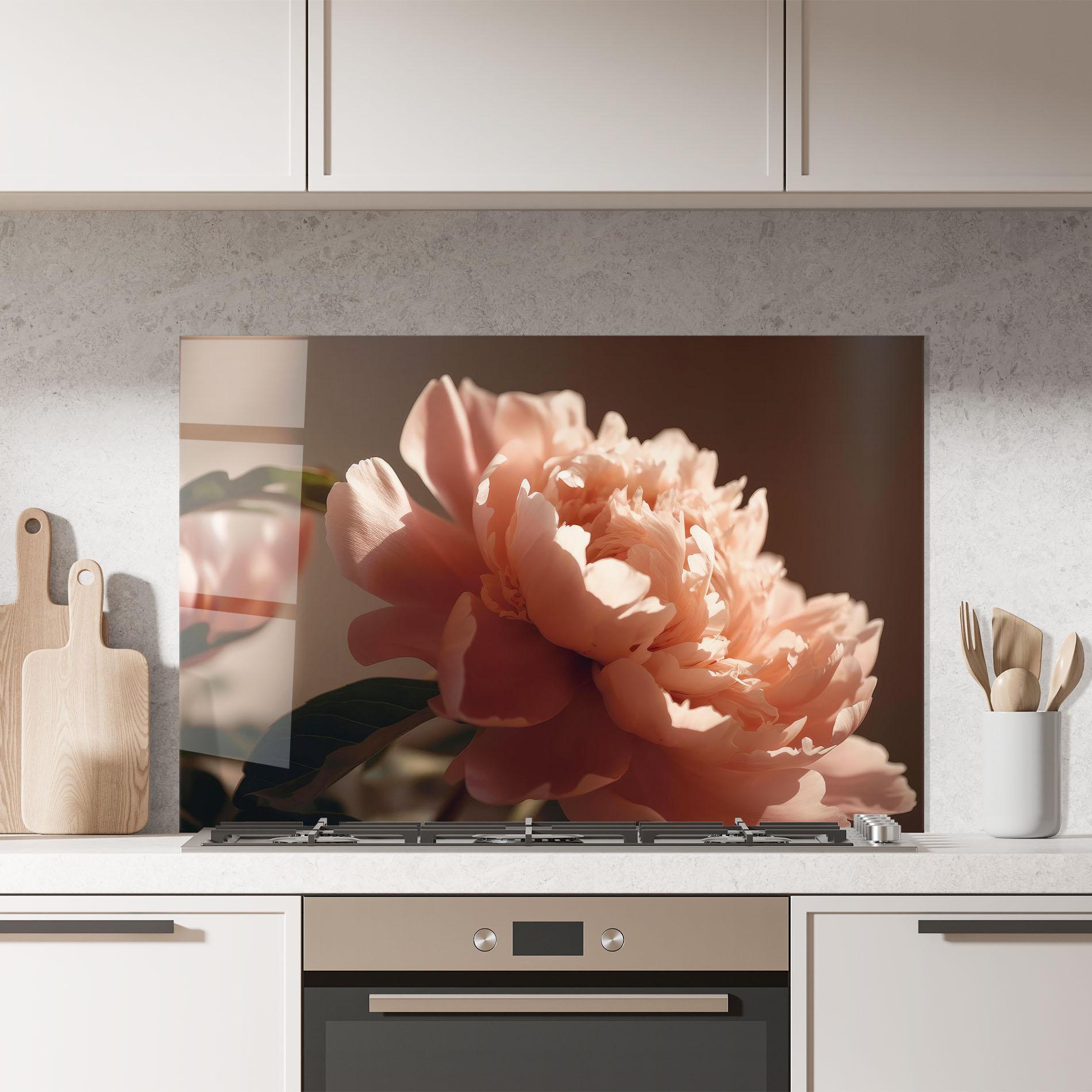 Стъклен панел за кухня Light Orange Peony View mockup 7
