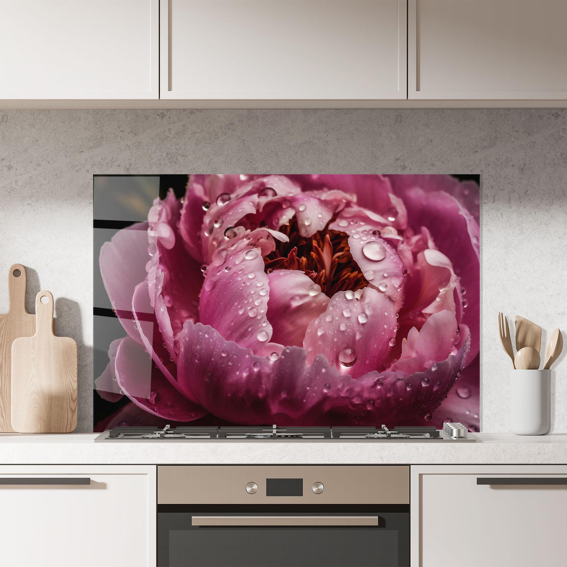Стъклен панел за кухня Peony Close Up After Rain mockup 7