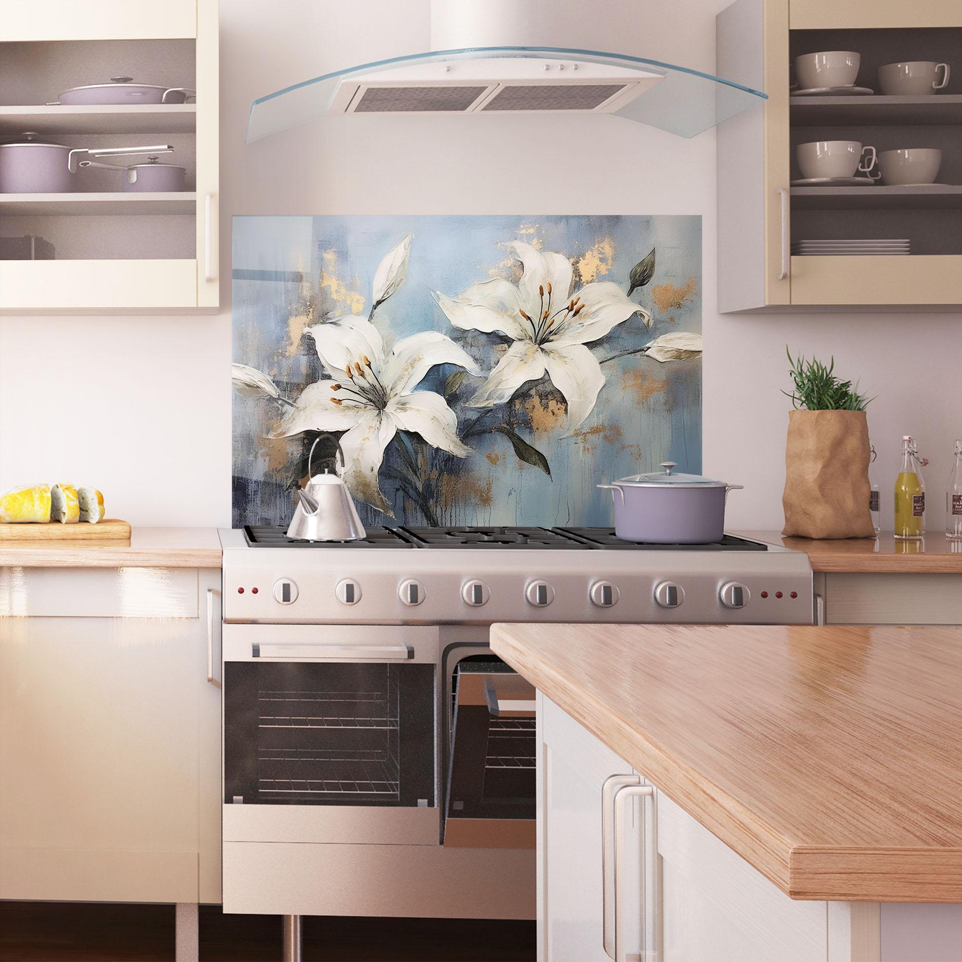 Стъклен панел за кухня Gold Lily Painting mockup 1