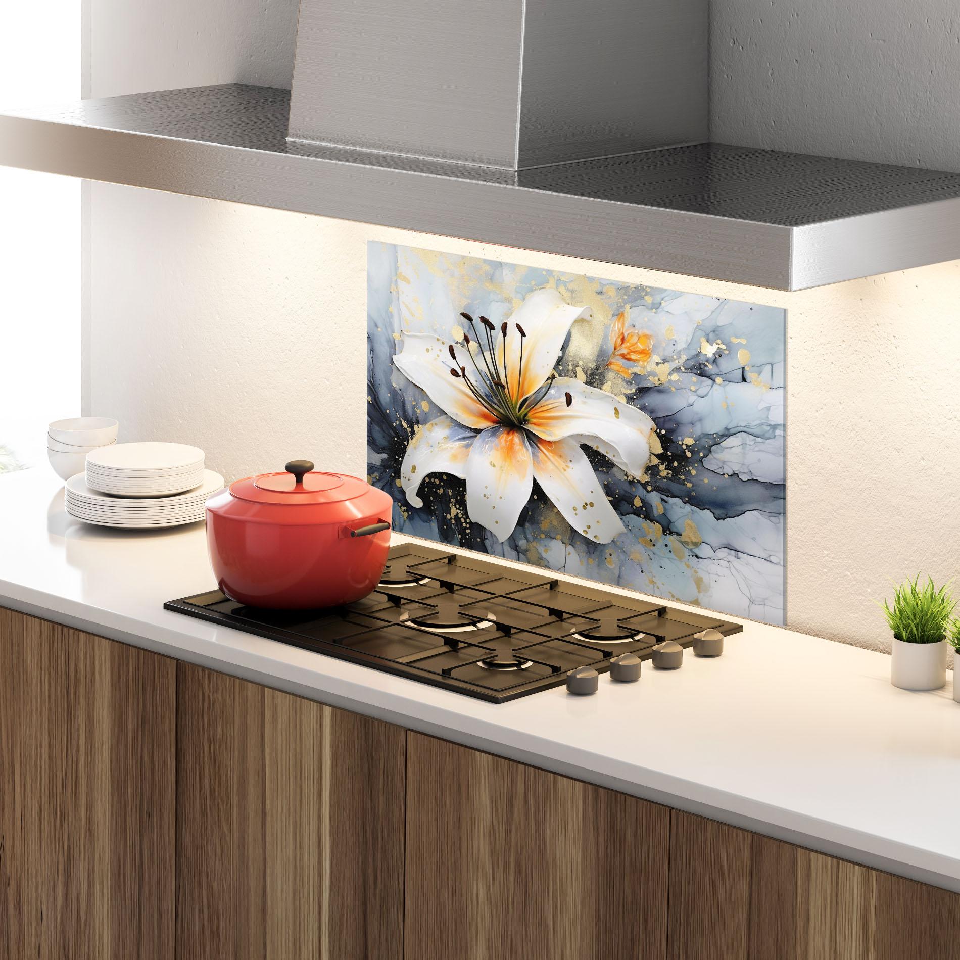 Стъклен панел за кухня Lily With Orange Painting mockup 4