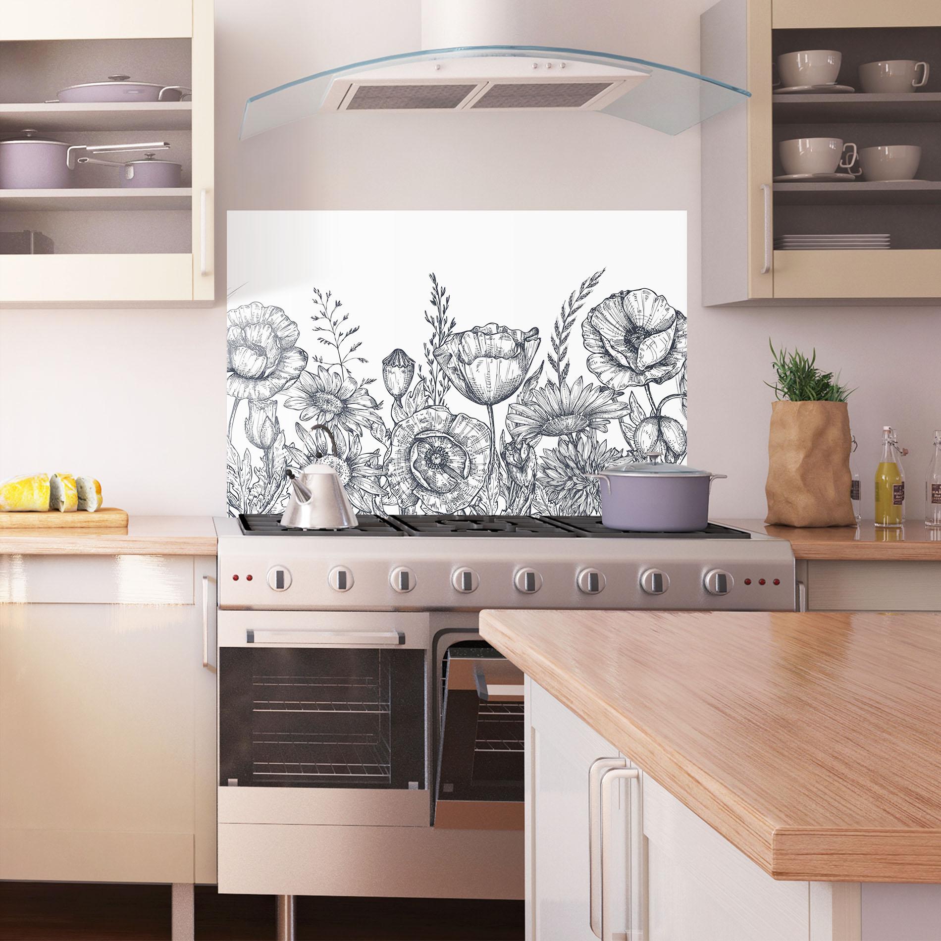 Стъклен панел за кухня Flower Grey Line mockup 1