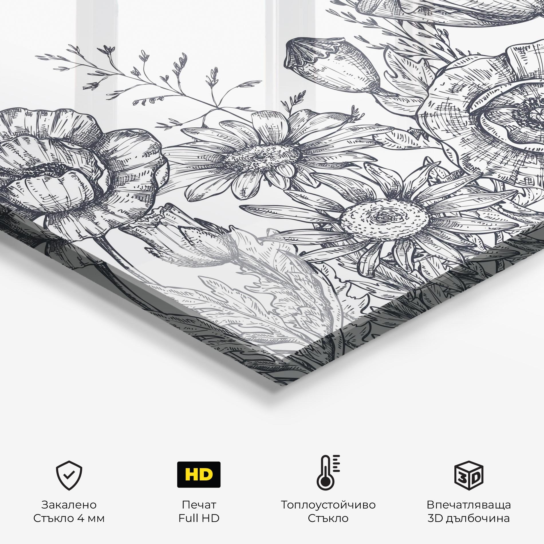 Стъклен панел за кухня Flower Grey Line mockup 2