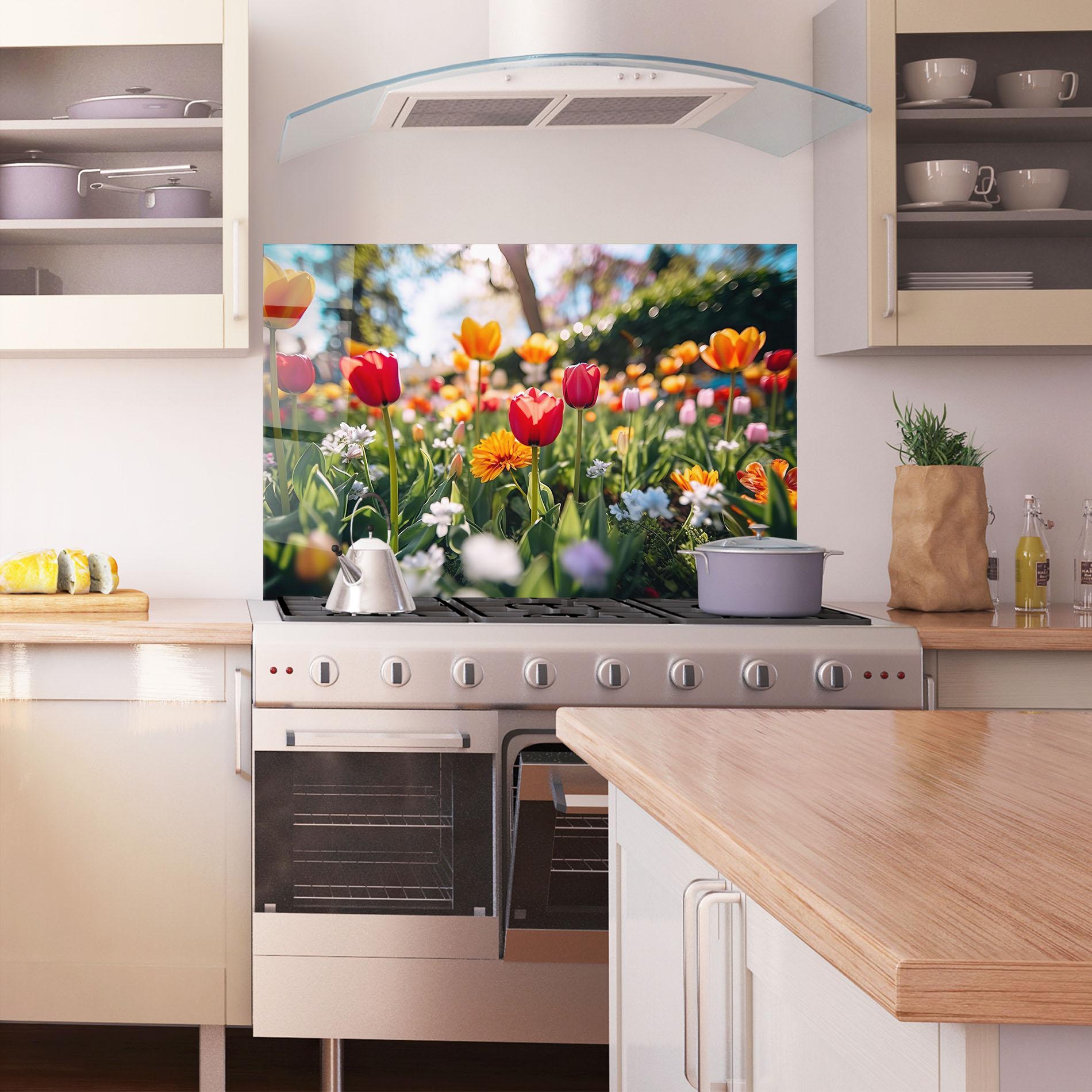Стъклен панел за кухня Garden Tulips Mix mockup 1