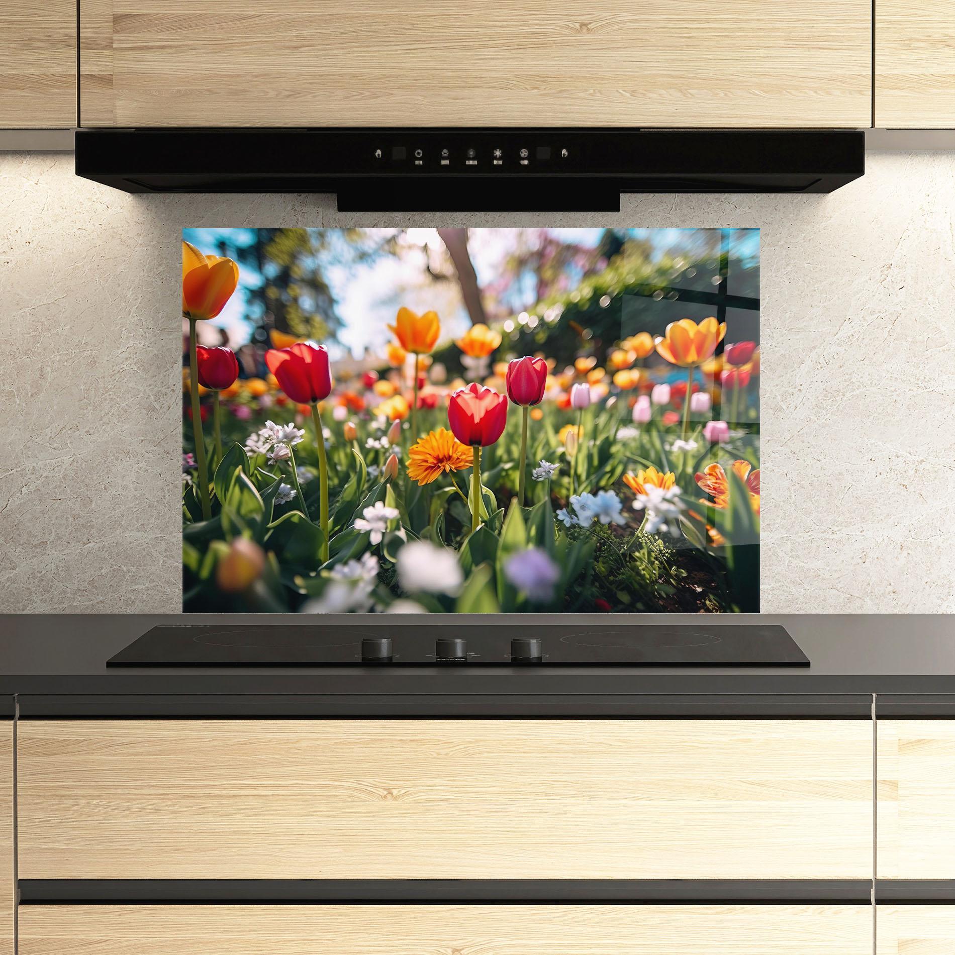 Стъклен панел за кухня Garden Tulips Mix mockup 3
