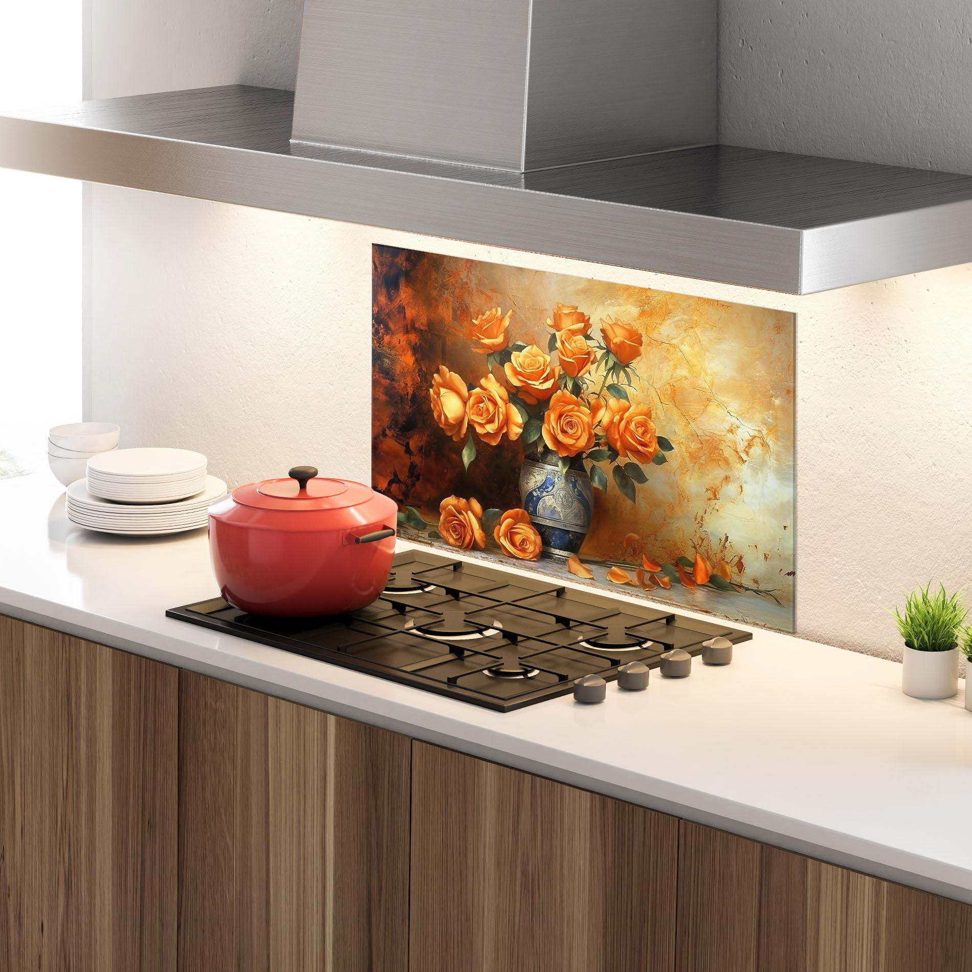 Стъклен панел за кухня Pretty Orange Rose Vase mockup 4