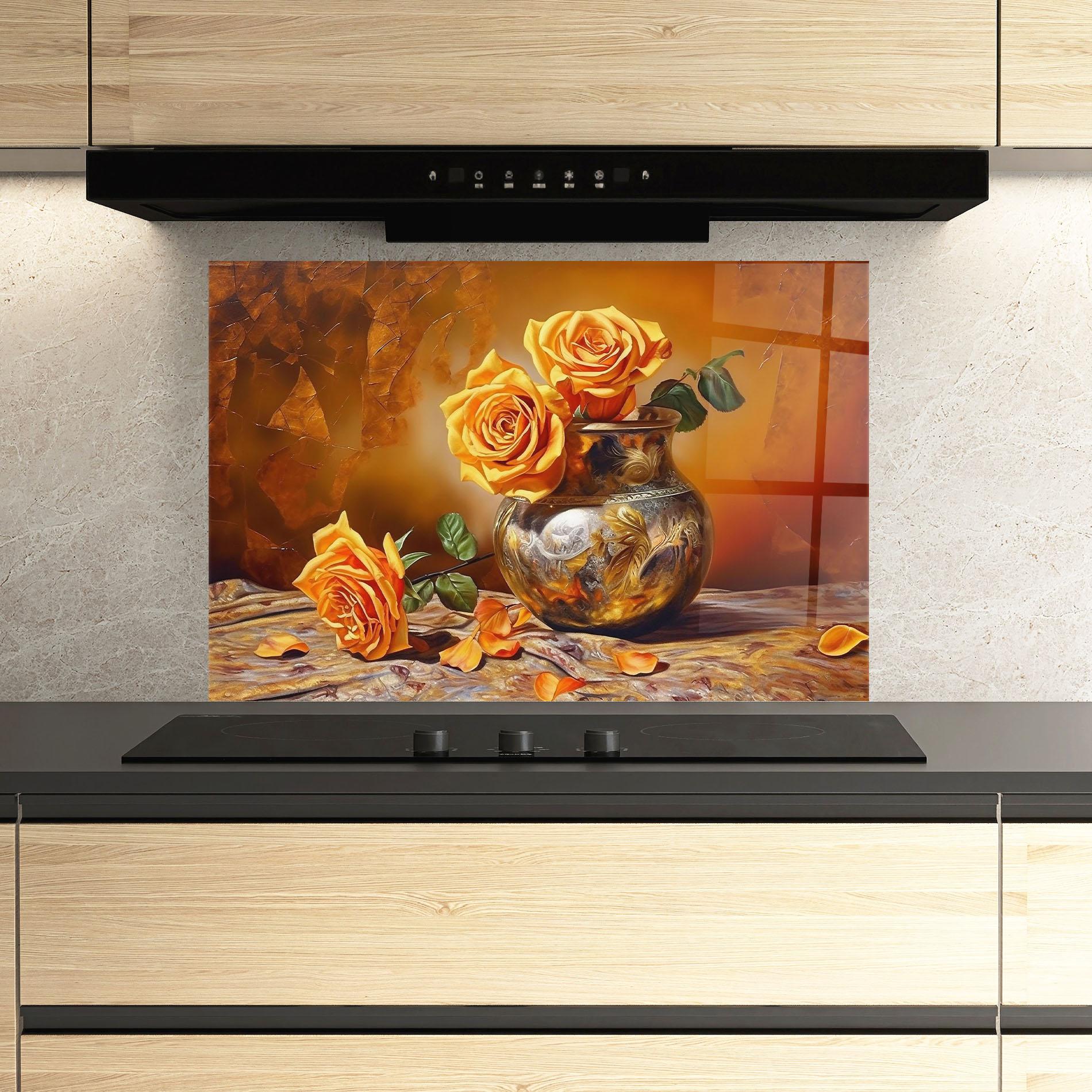 Стъклен панел за кухня Orange Roses Vase mockup 3
