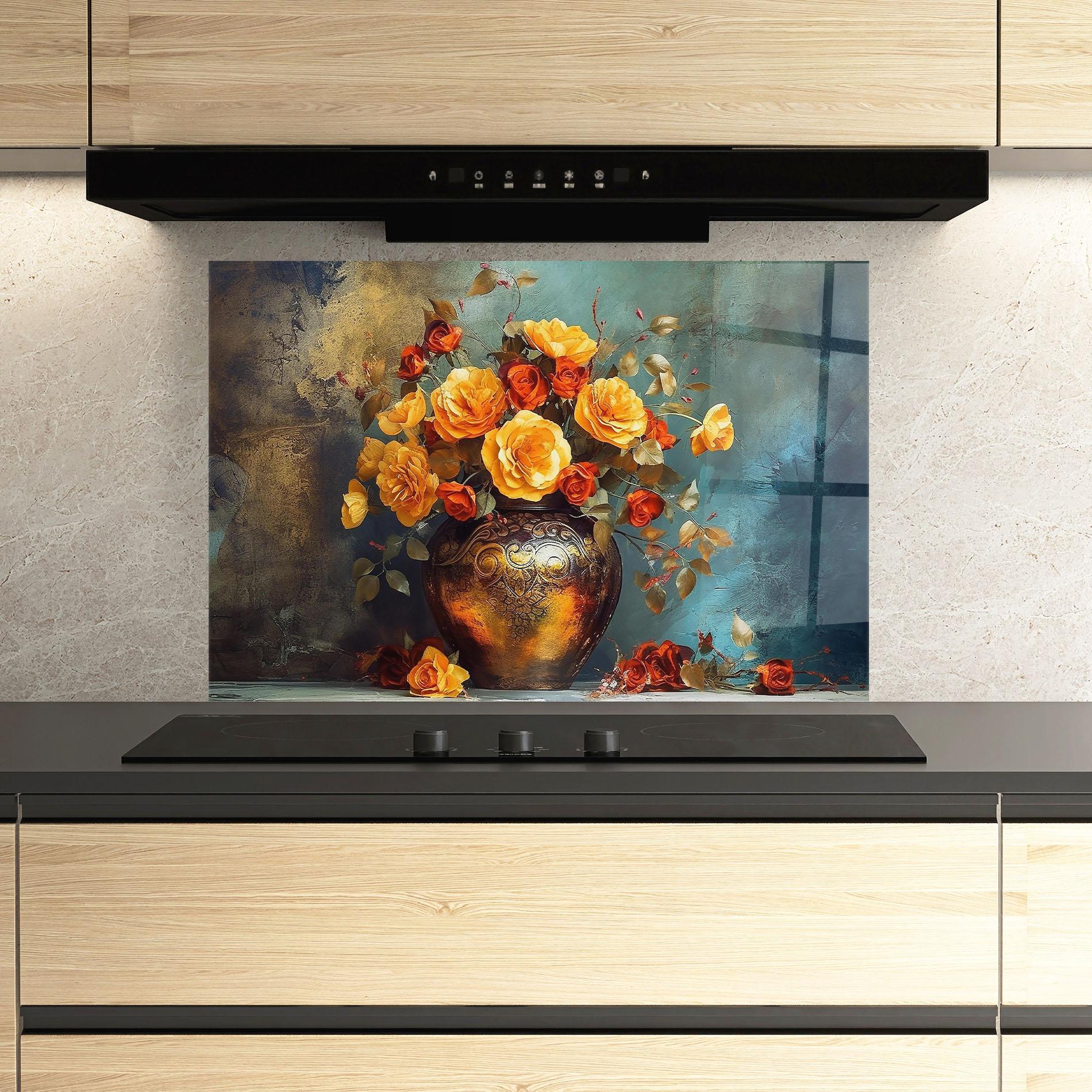 Стъклен панел за кухня Red Orange Flower Vase mockup 3