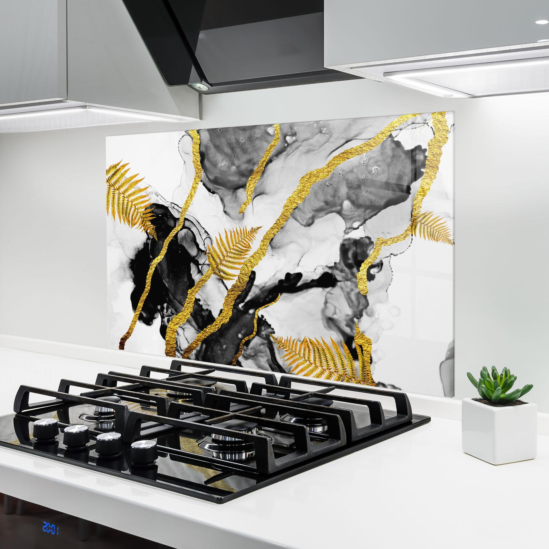 Стъклен панел за кухня Abstract Golden Leaves mockup 6